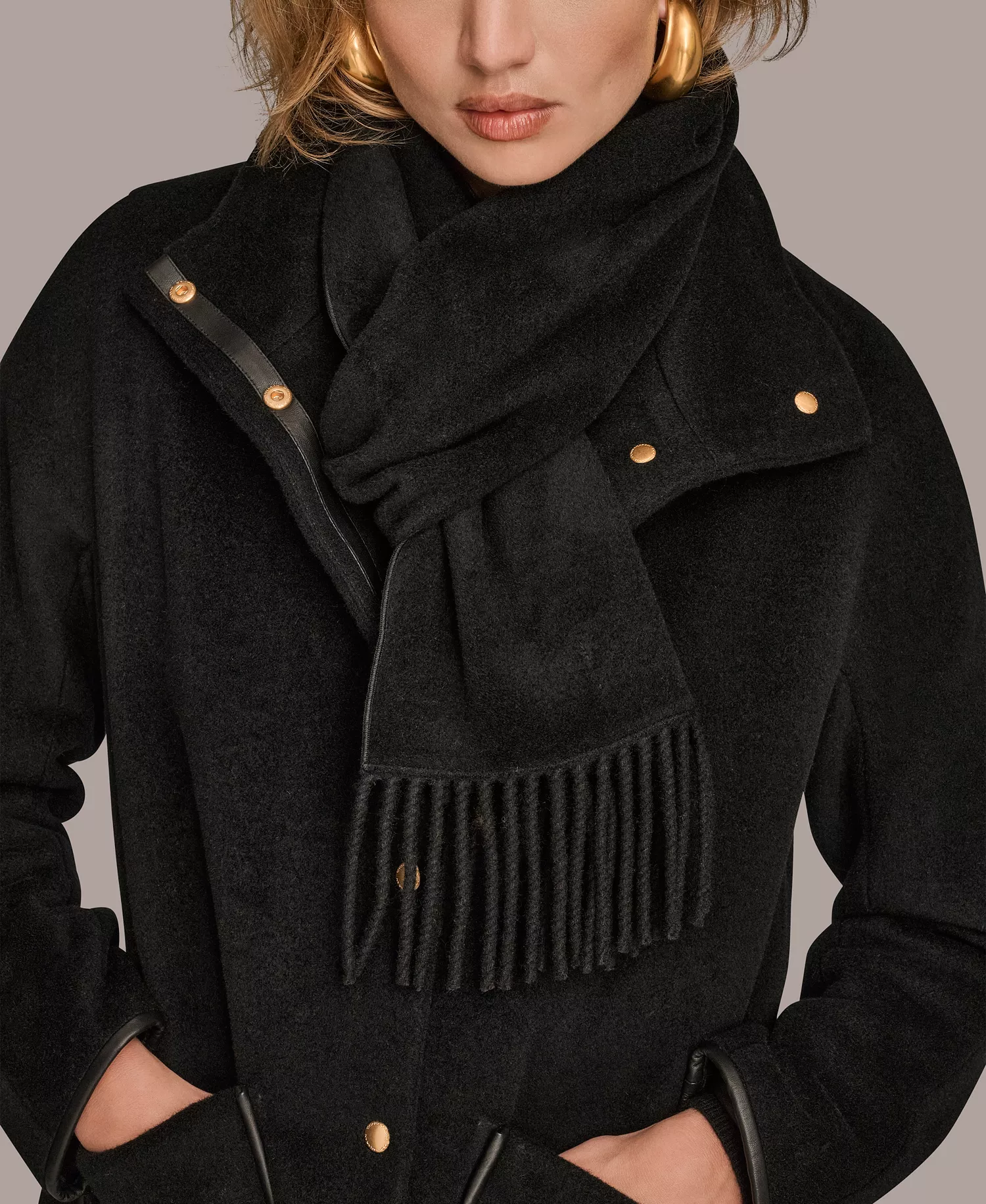 Women's Snap Button Scarf Coat - Black - L