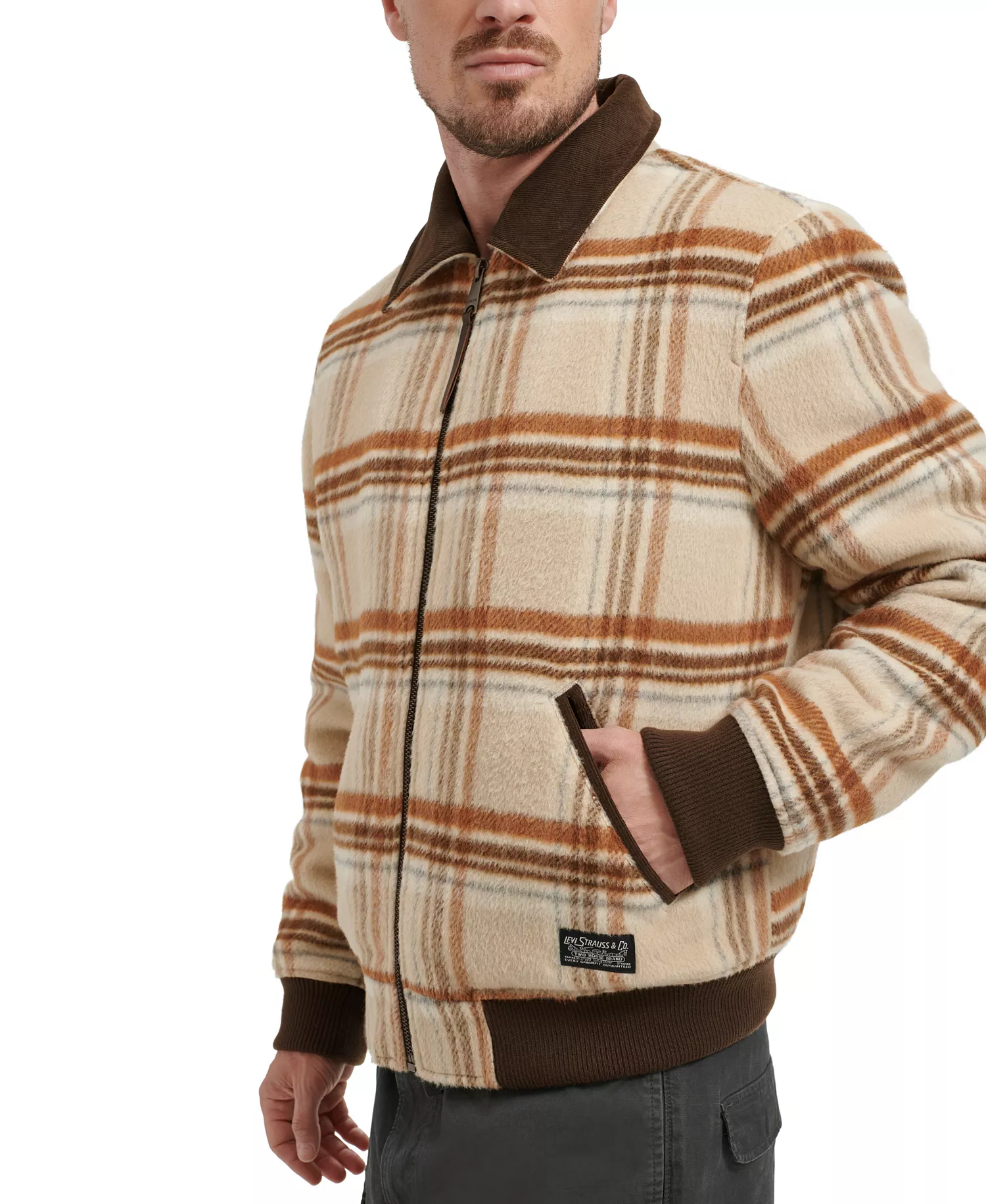 Men's Zip Corduroy-Collar Jacket - Cream Plaid - M