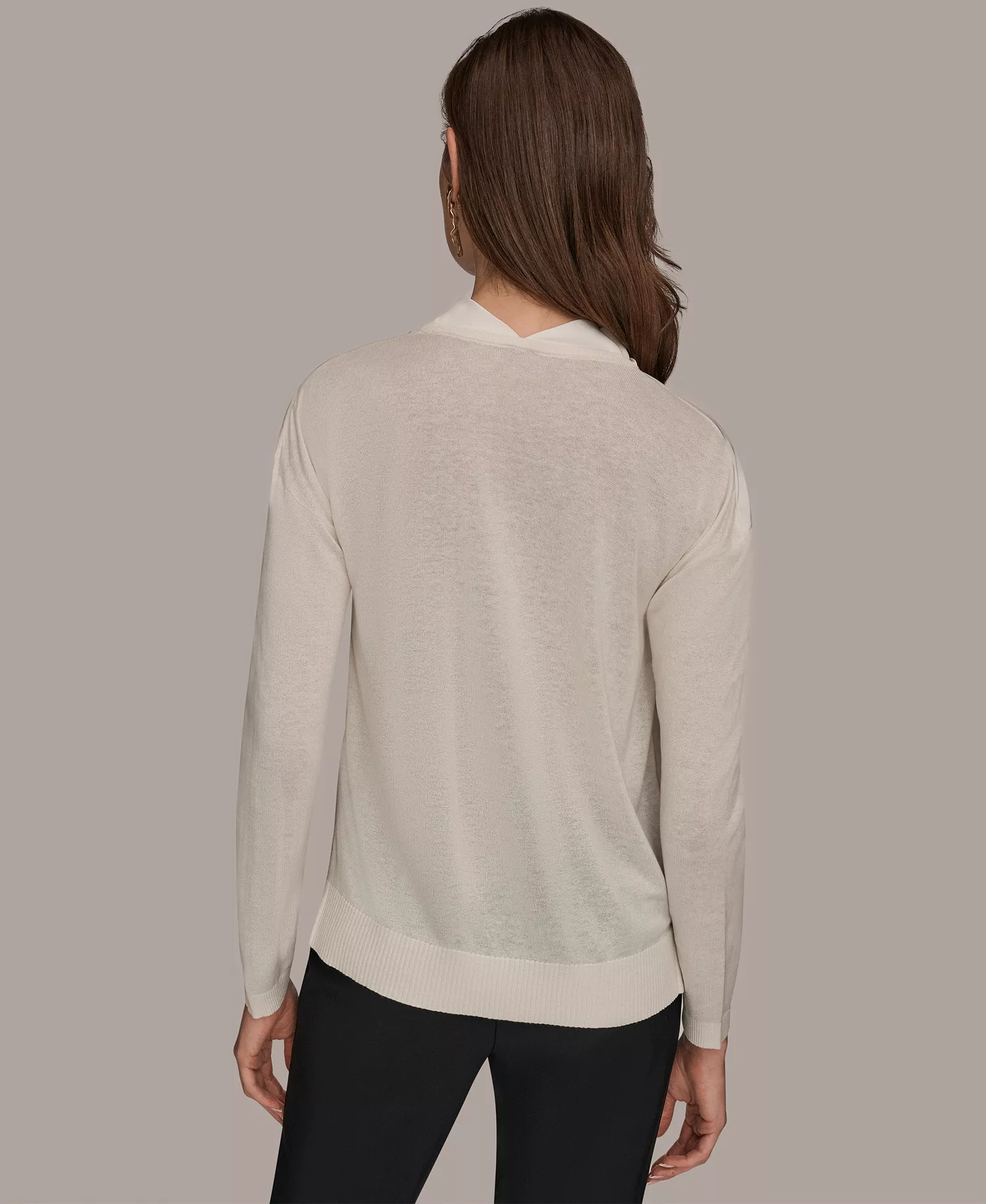Women's Long-Sleeve Mix Media Cowl Front Top - Cream - L