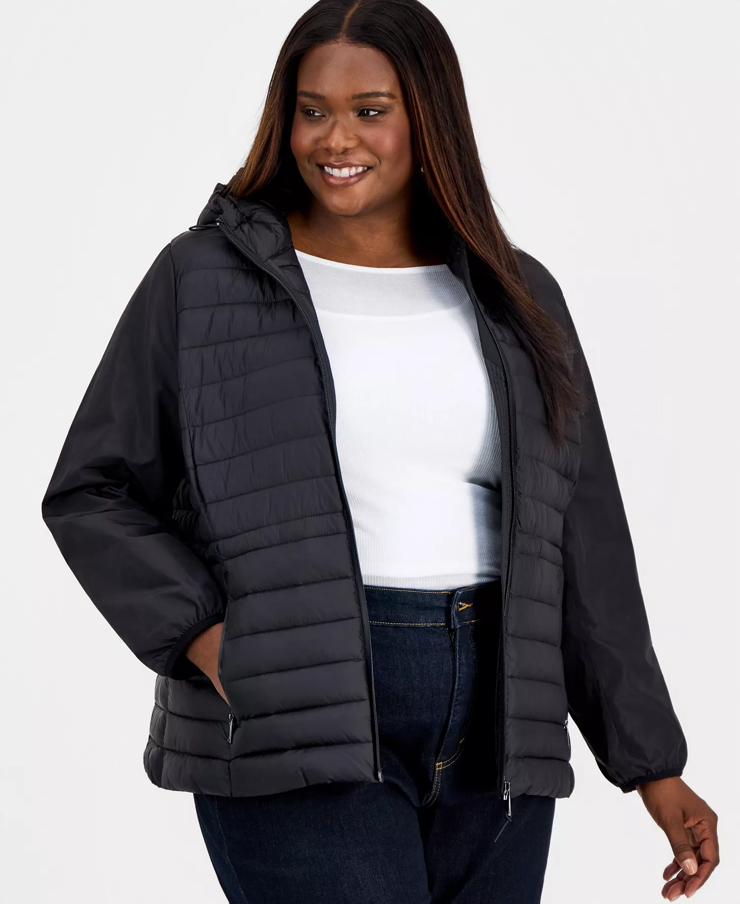 Plus Size Mixed-Media Packable Coat - BLACK - 0X