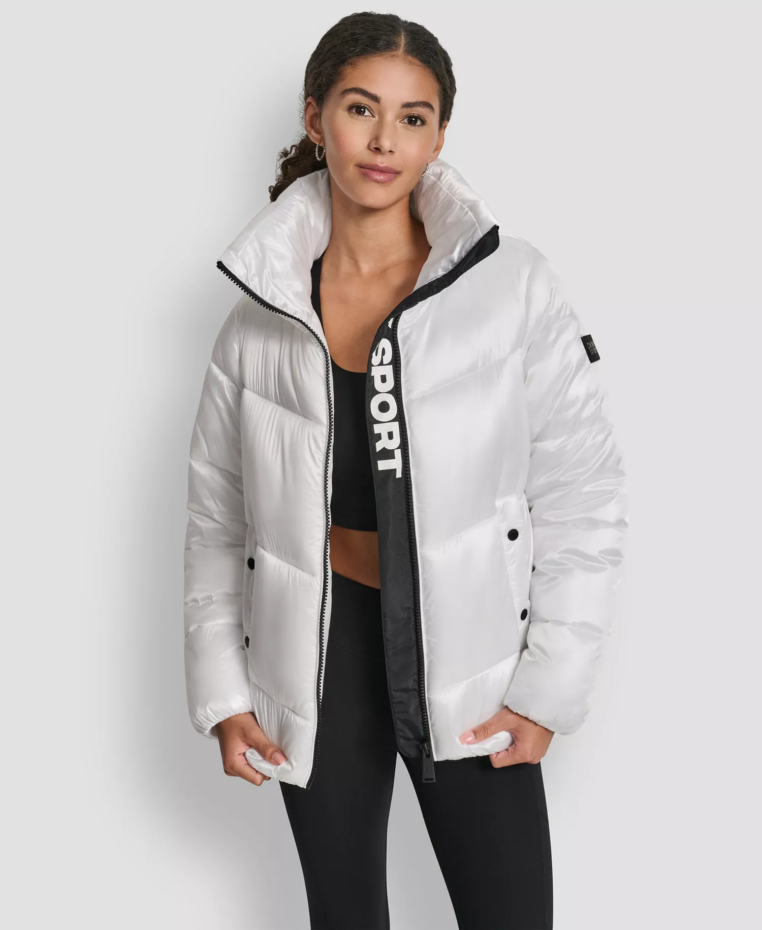 Women's Quilted Puffer Interior Placket Logo Jacket - Liquid White - L