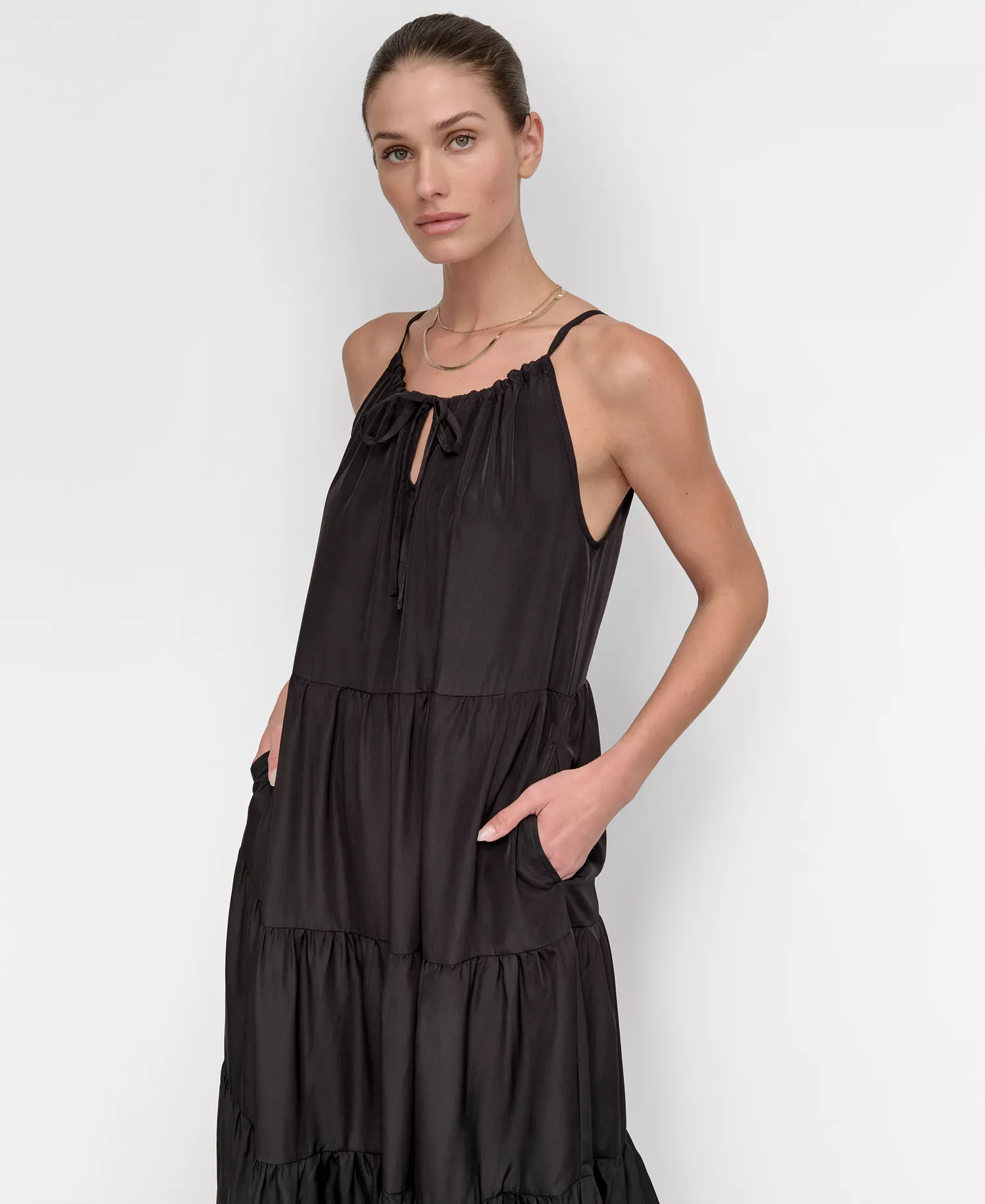 Women's Tiered Maxi Dress Swim Cover-Up - Black - L
