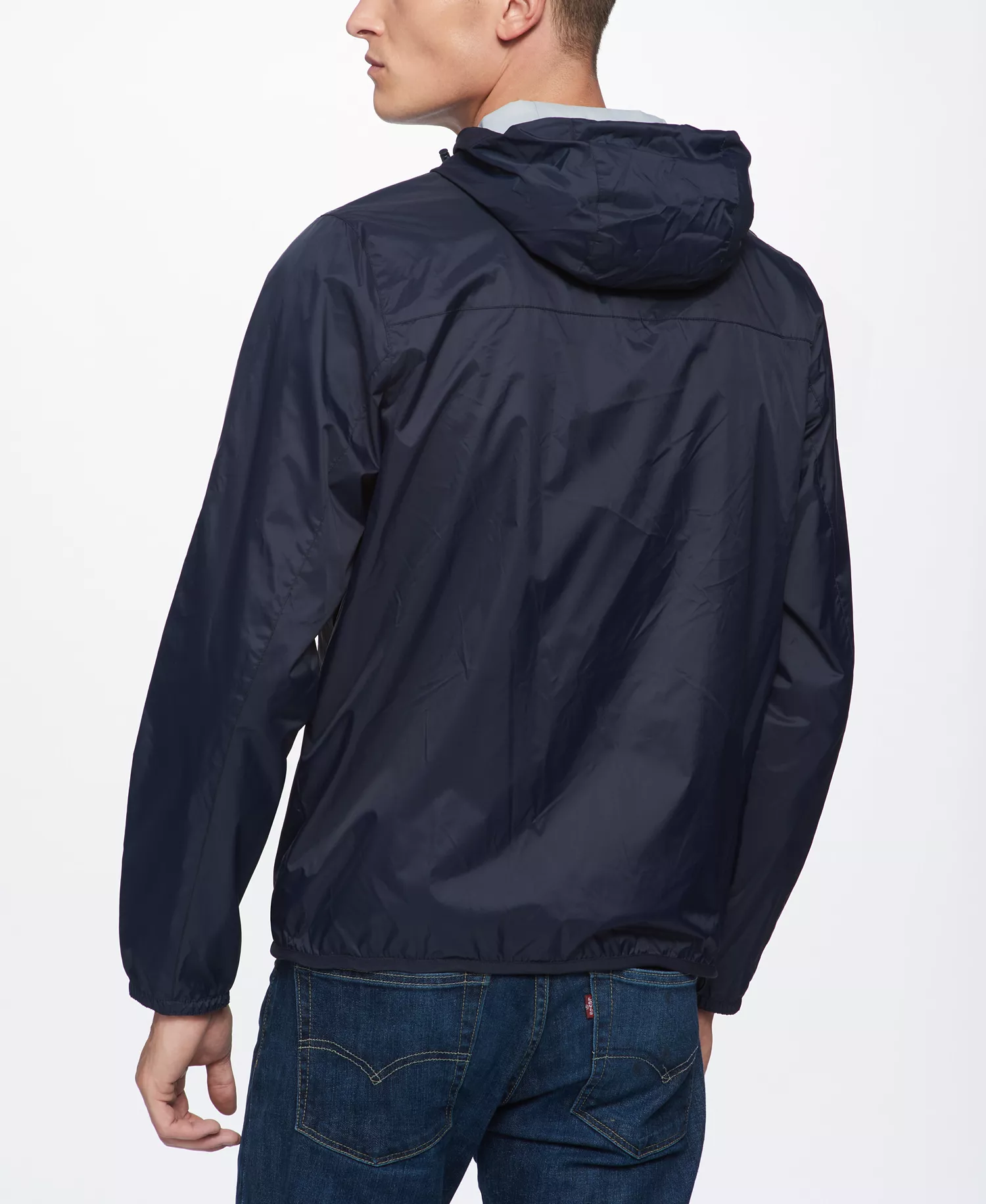 Men's Zip-Front Hooded Nylon Windbreaker - Navy - L