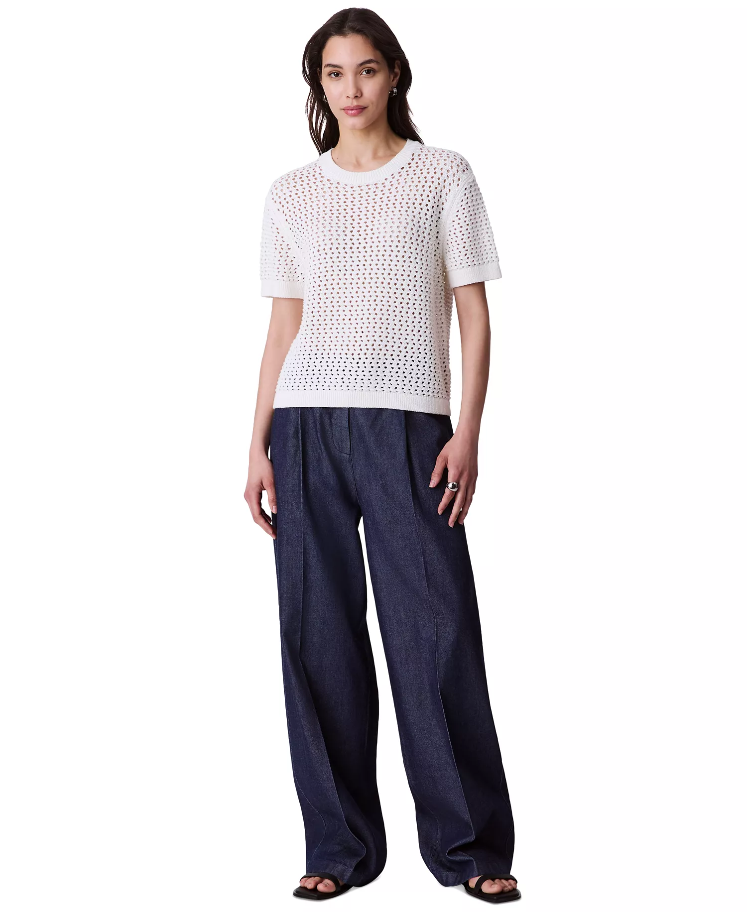 Women's Cotton Open-Stitch Short-Sleeve Sweater - Tofu - XS