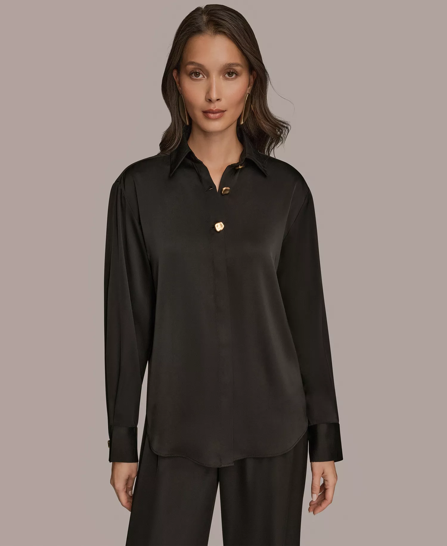 Women's Silk Collared Long Sleeve Button Down Top - Black - L