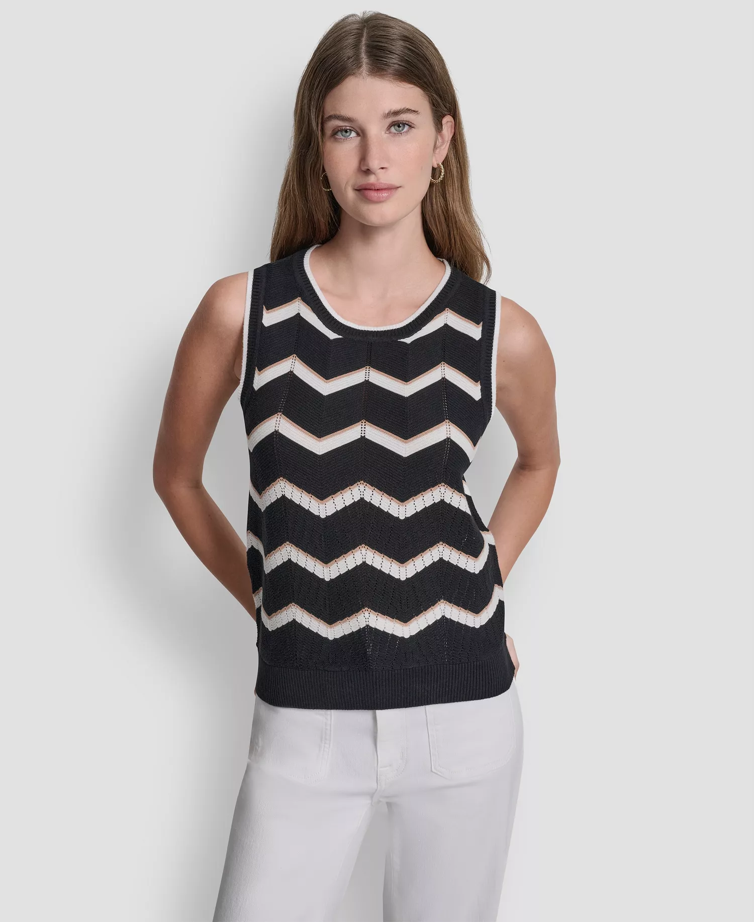 Women's Sleeveless Crew Neck Stripe Sweater - Black/ivory/teak - L