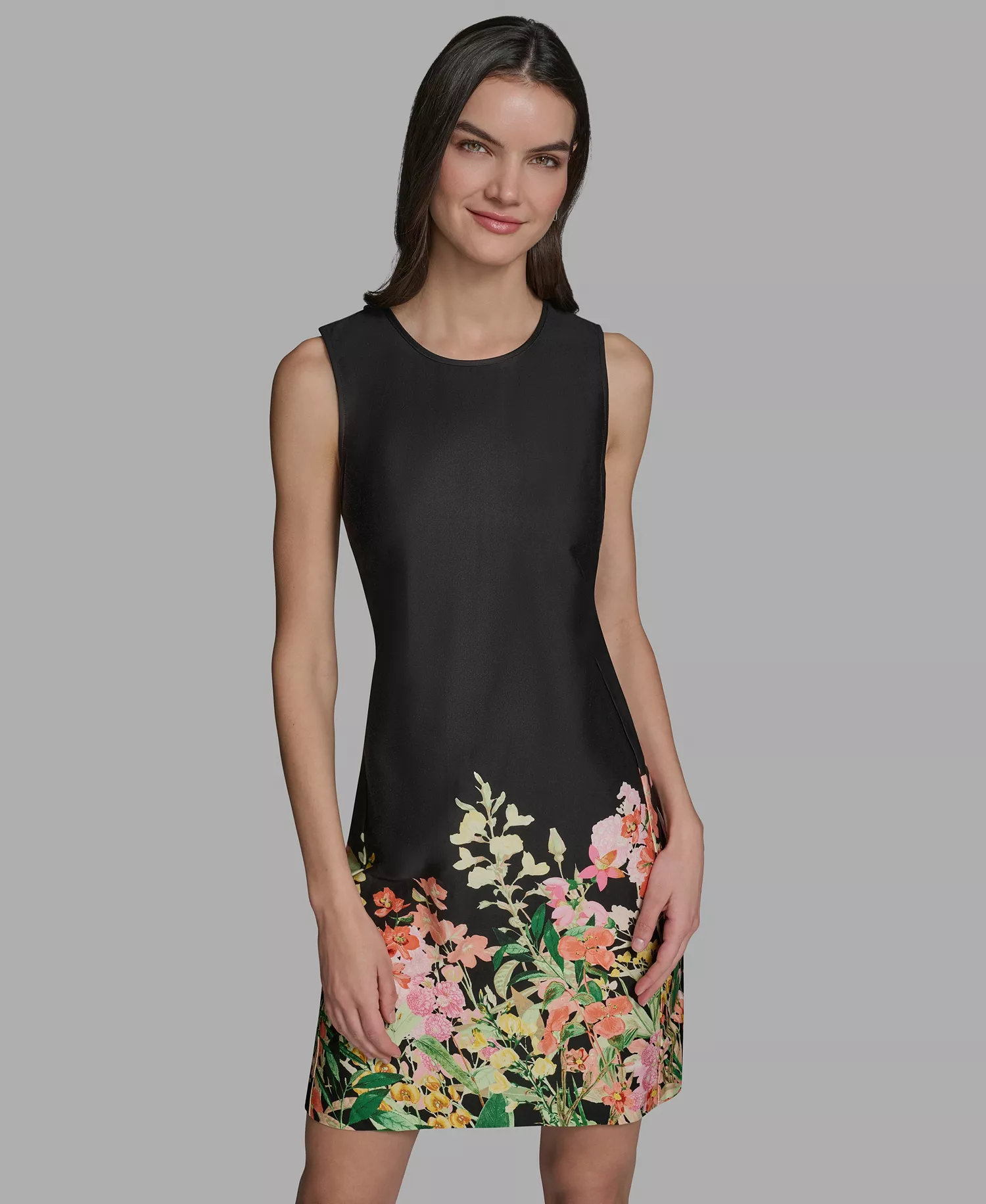 Women's Floral Border Crew Neck Dress - Black Multi - 0