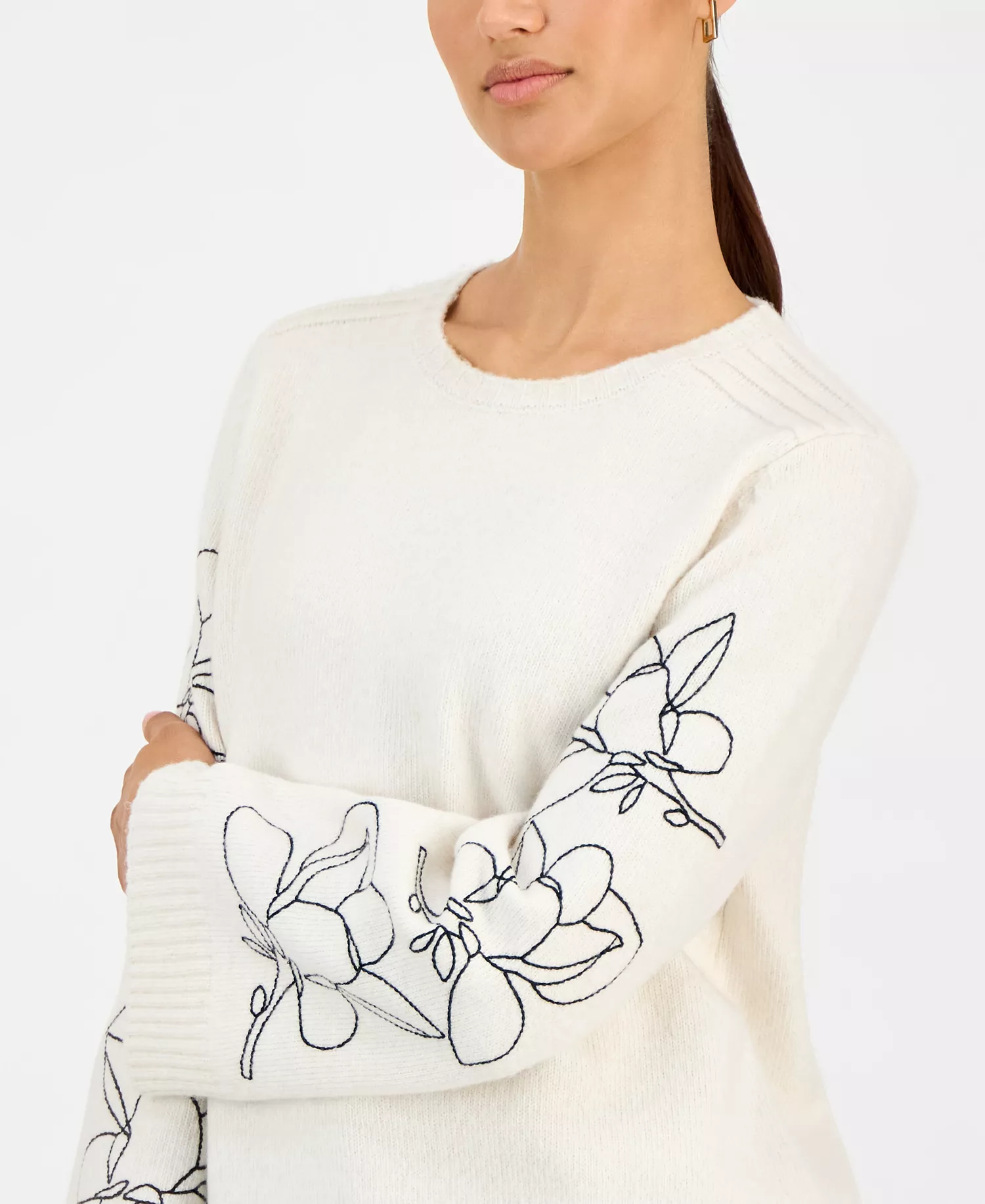 Women's Embroidered-Sleeve Crewneck Sweater - Cream/black - XL