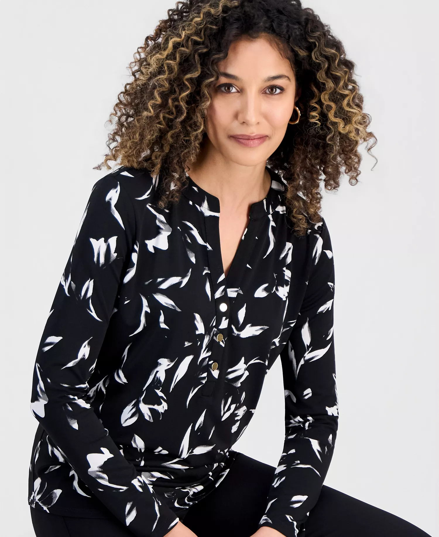 Petite Printed Button-Front Knit Top, Created for Macy's - Lora Garden - P/L