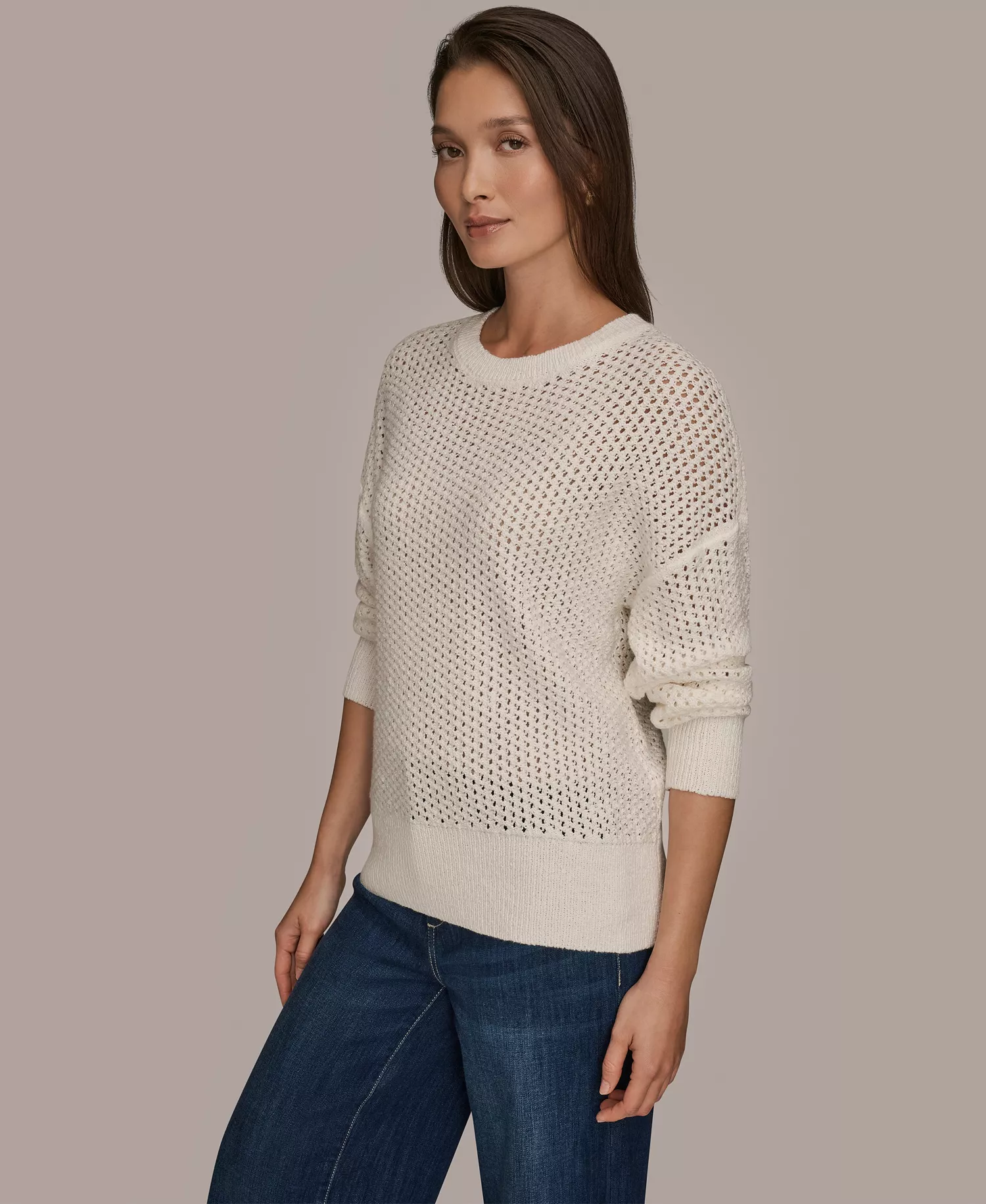 Women's Bracelet Sleeve Open Stitch Cotton Blend Crewneck Sweater - Cream - L