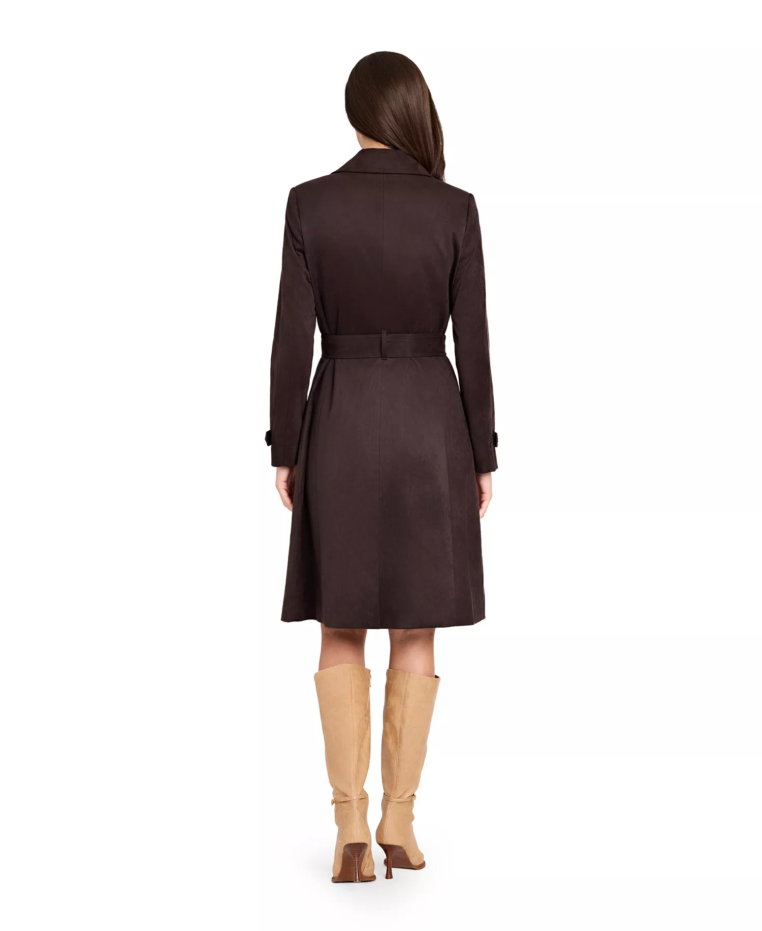 Petite Suede Long Sleeve Trench Coat - Espresso - 10P