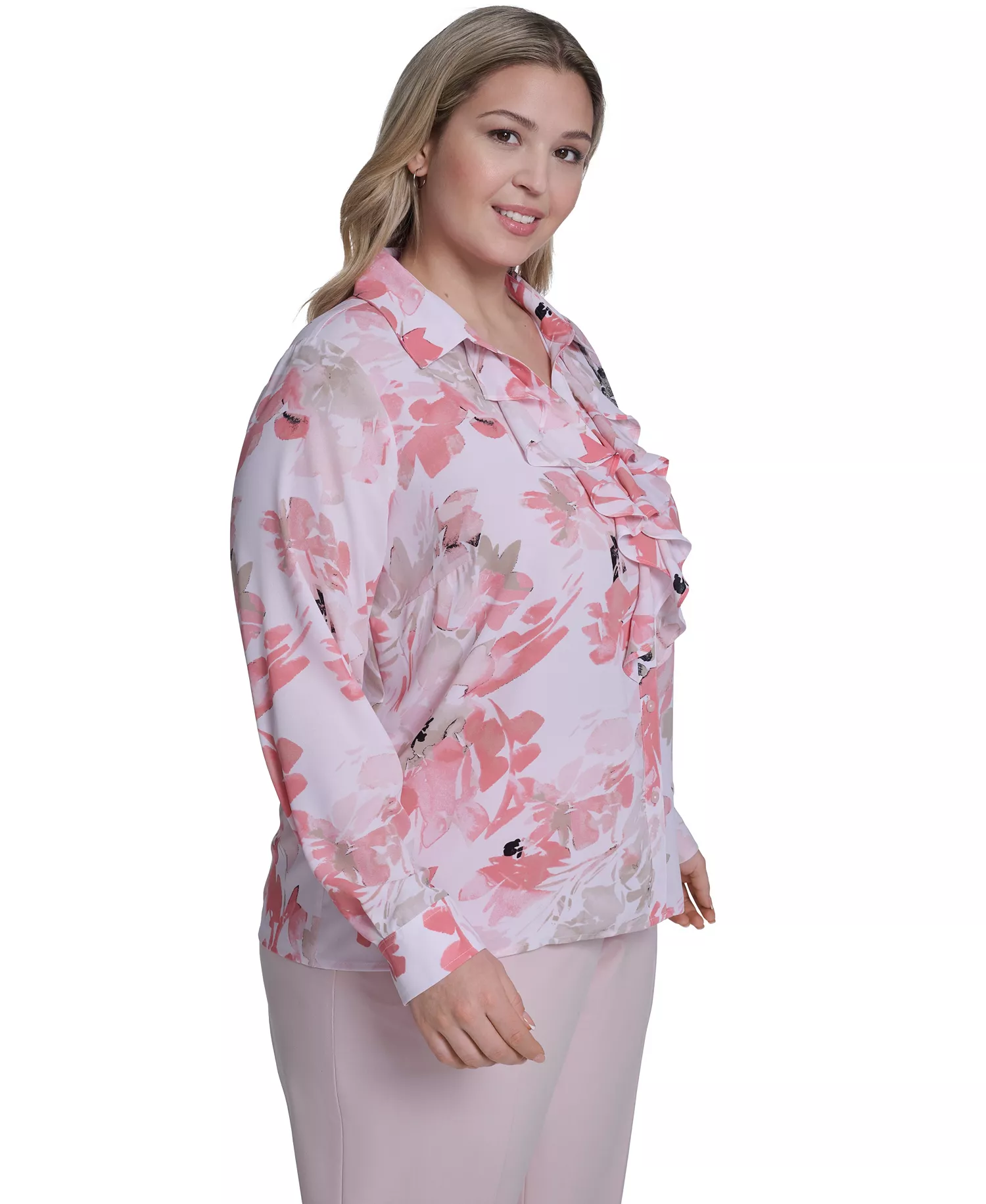 Plus Size Printed Long-Sleeve Ruffle-Front Top - Petal/Latte Multi - 1X