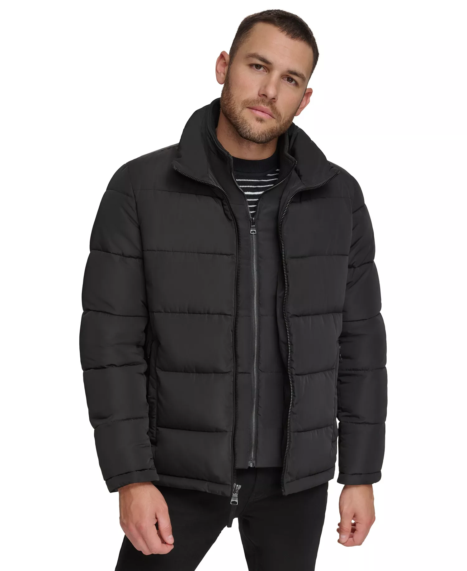 Men's Puffer With Set In Bib Detail, Created for Macy's - Black - 2XL