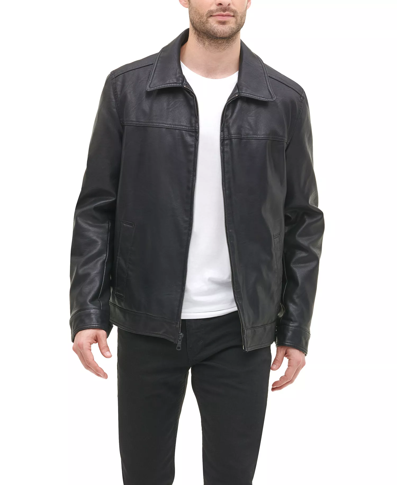 Men's Faux Leather Laydown Collar Jacket - Black - L