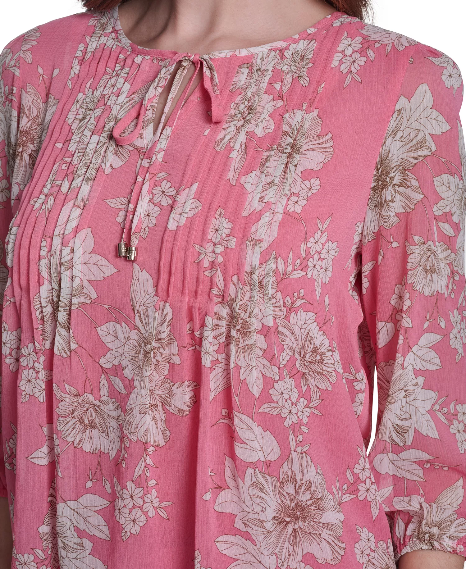 Women's Floral Pintuck V-Neck Blouse - Pink Tulip Multi - L