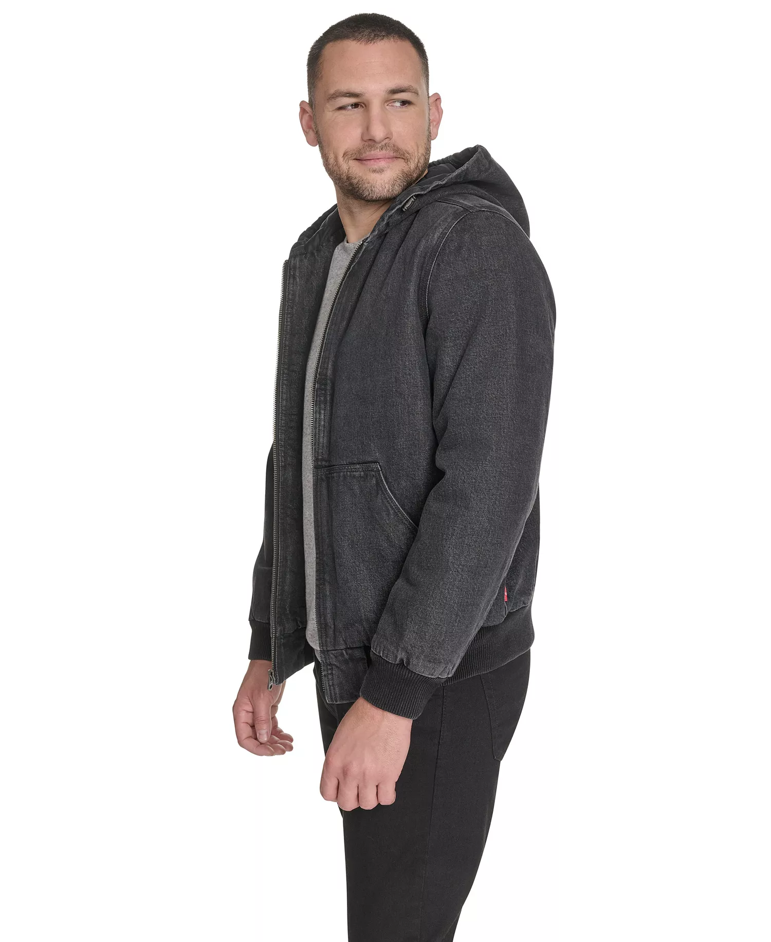 Men's Hooded Bomber Jacket - Black Denim - 2XL