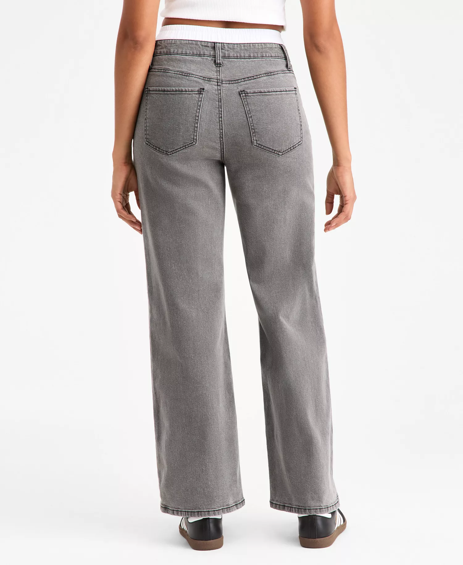 Women's Contrast-Waist Wide-Leg Jeans, Macy's Exclusive - Gray Wash - 0