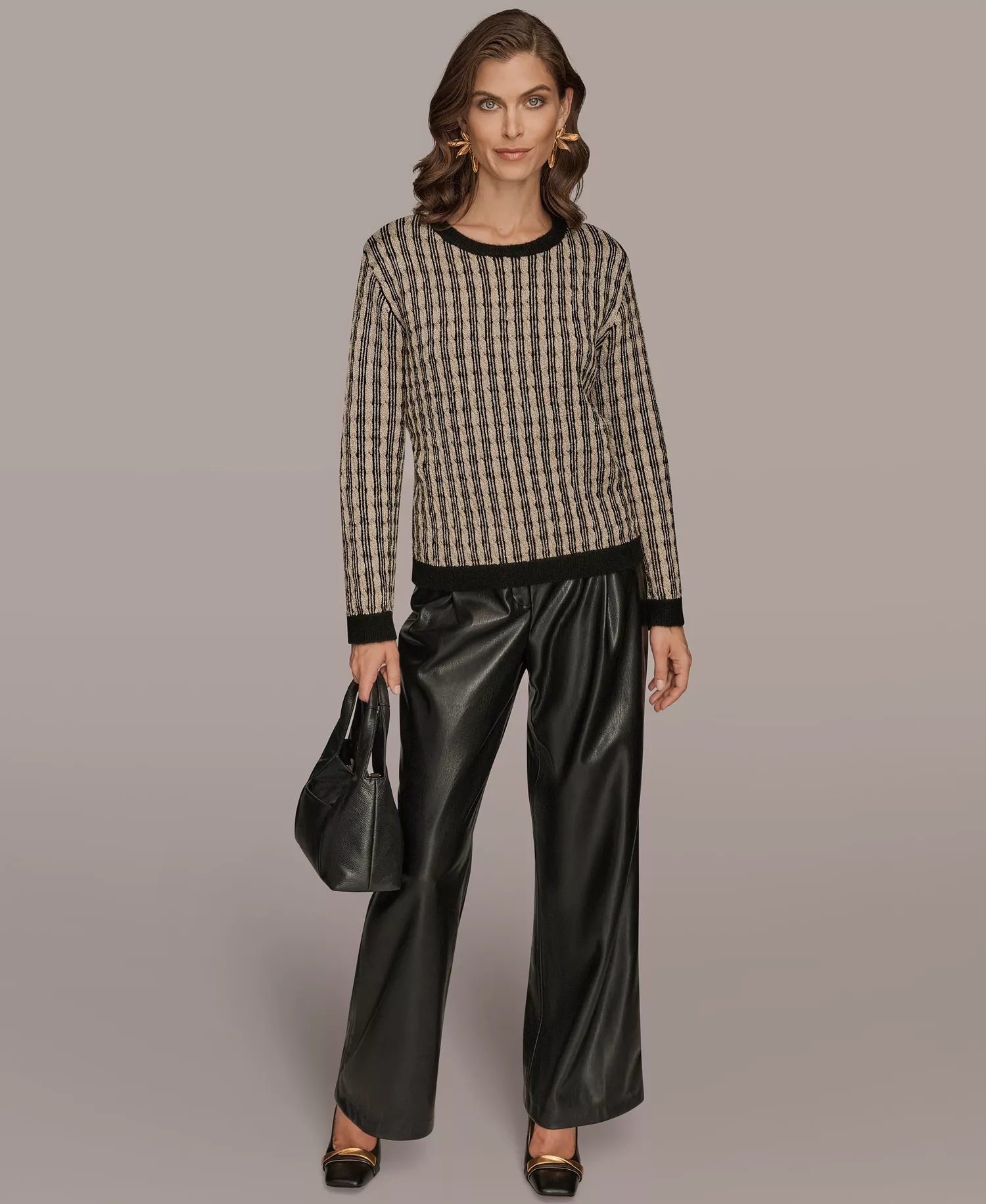 Women's Long Sleeve Two-Tone Sweater - Black/Gold - L