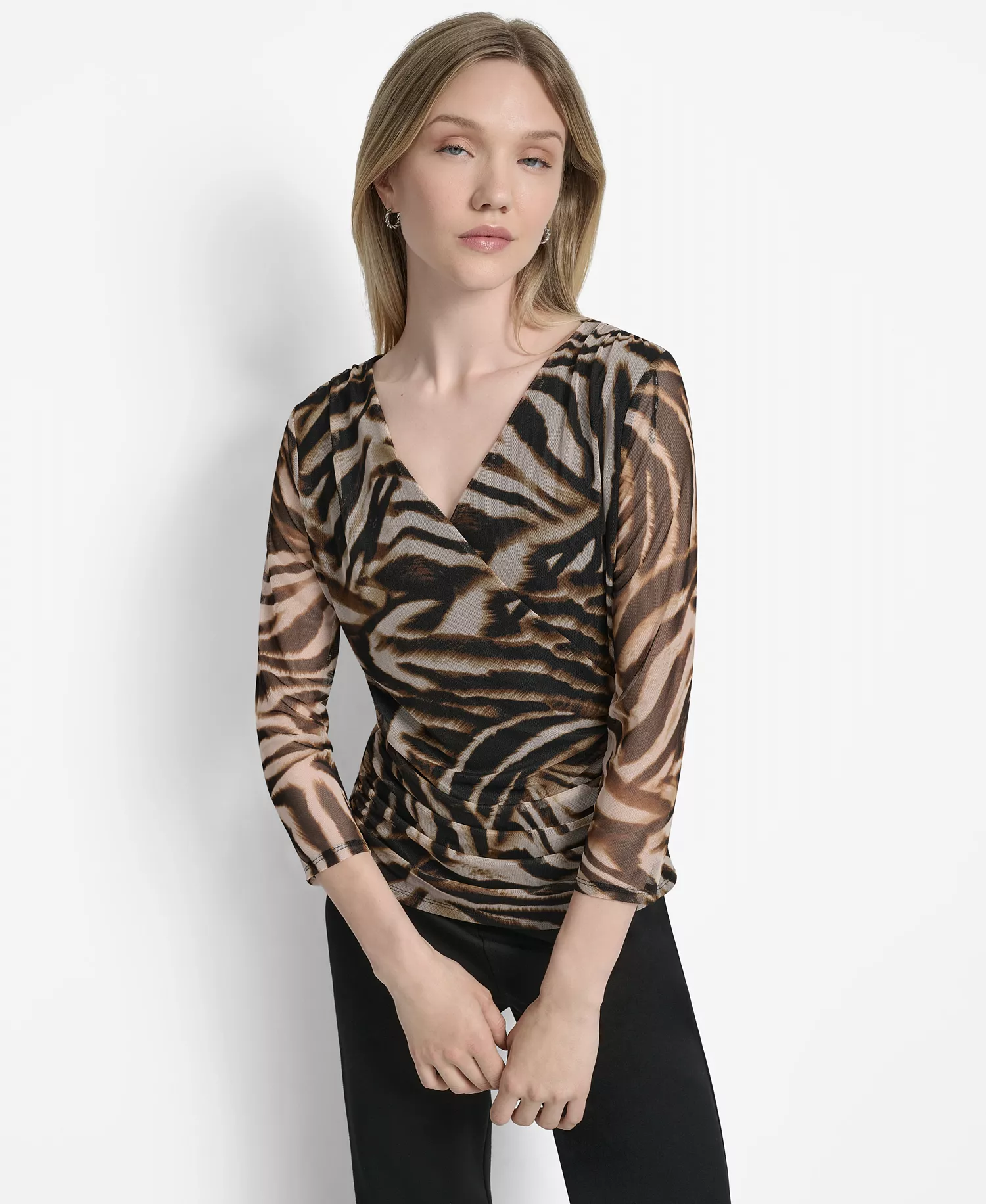 Women's 3/4-Sleeve Printed Mesh V-Neck Top  - Blurred Zebra - M