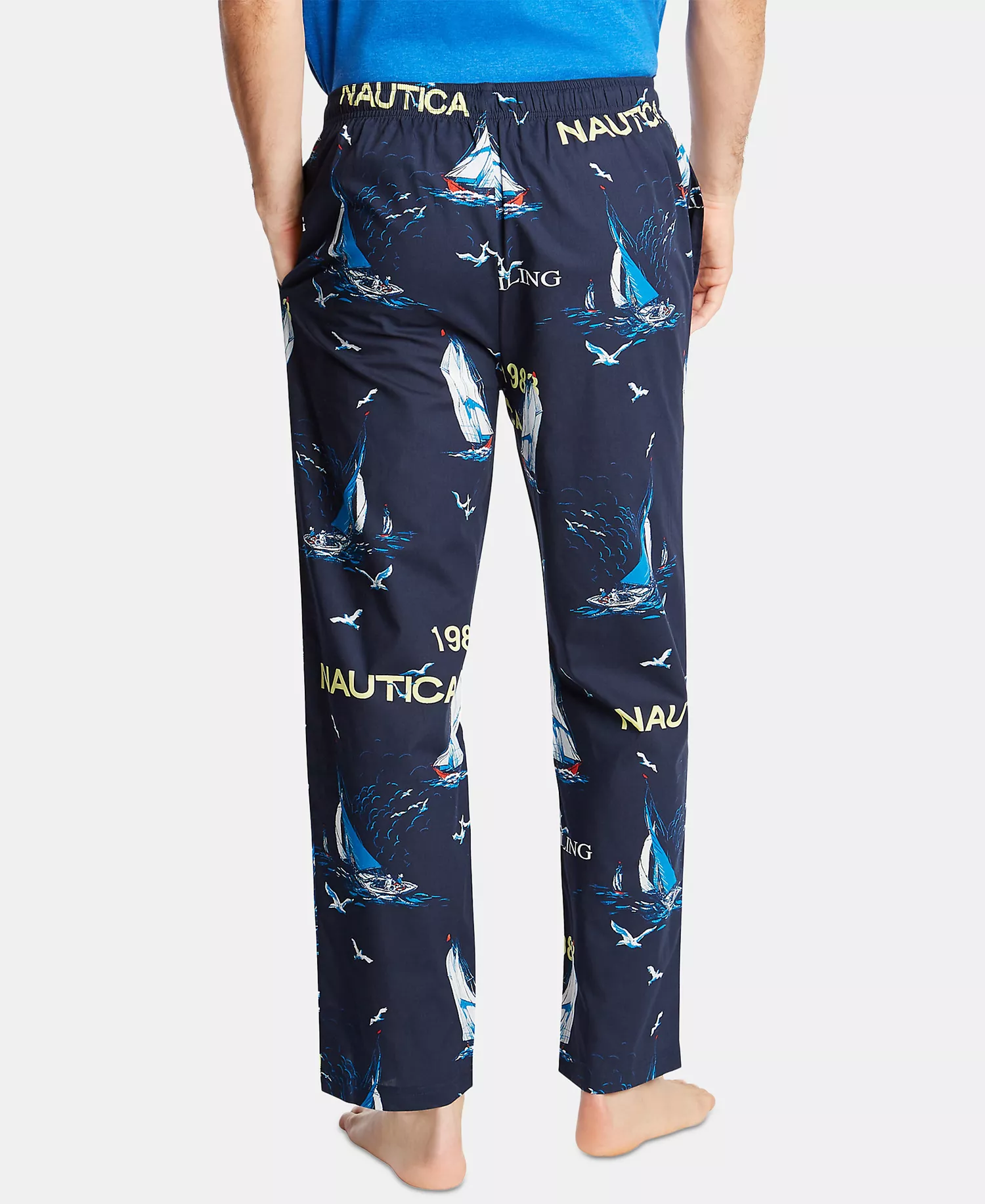 Men's Cotton Sailboat-Print Pajama Pants - Navy - L