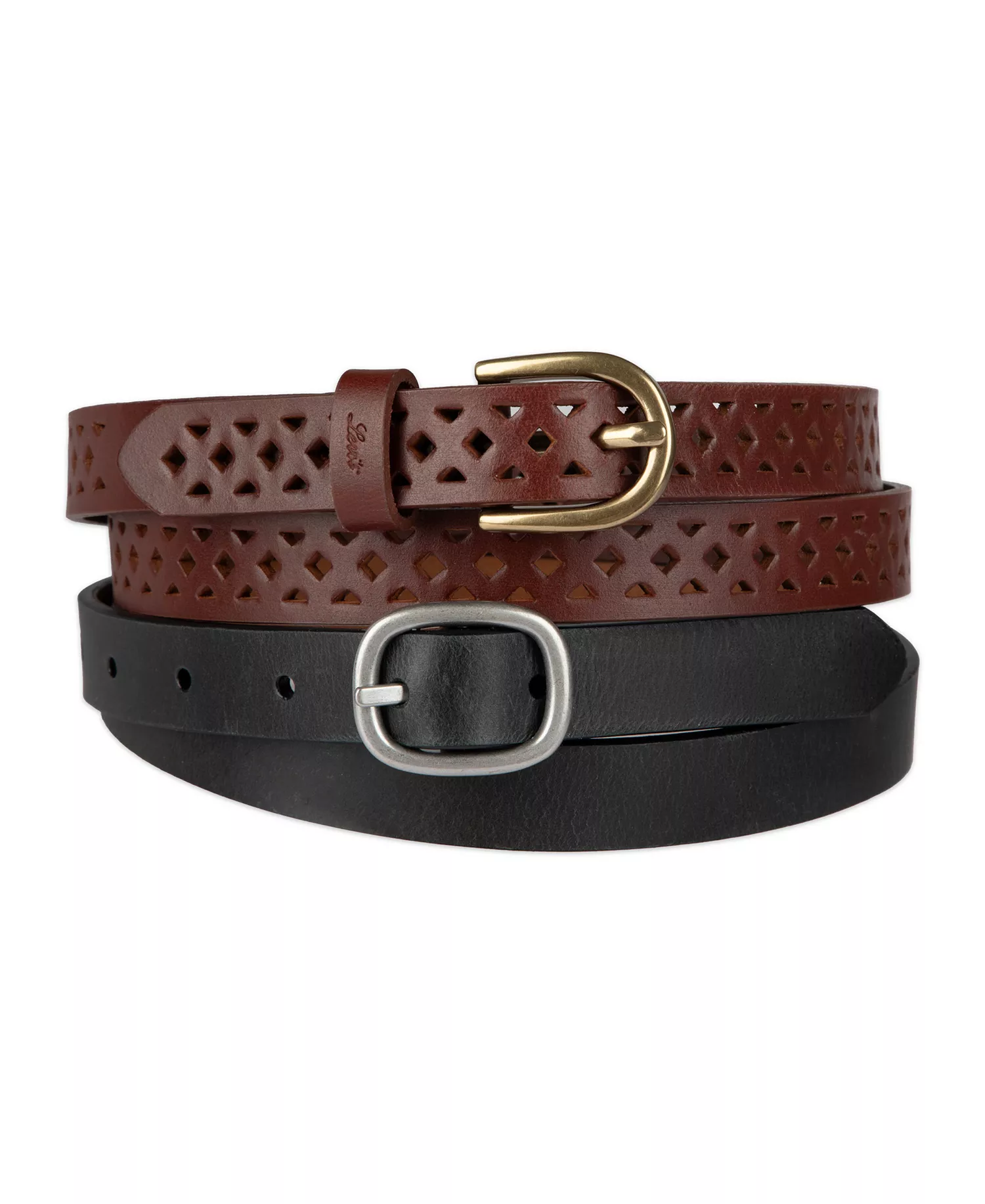Women's 2-Pack Perforated and Reversible Skinny Casual Belt Set - Black/Tan Brown - Extra Large
