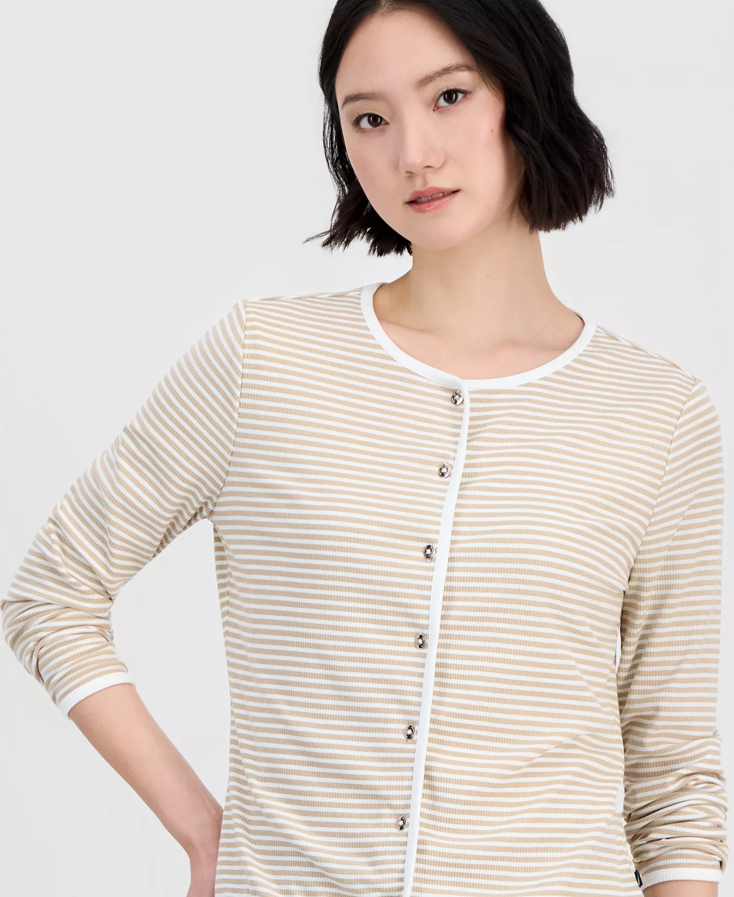 Jeans Women's Long-Sleeve Striped Cardigan Top - Irish Cream/ Ivory - L