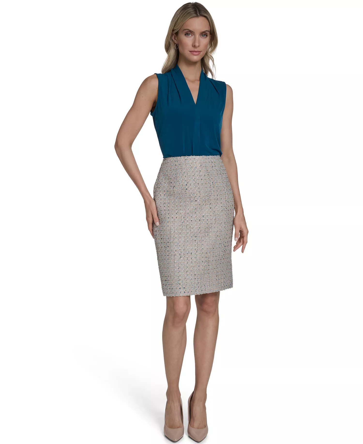 Petite Knee Length Pencil Fashion Skirt - Latte Multi - 0P