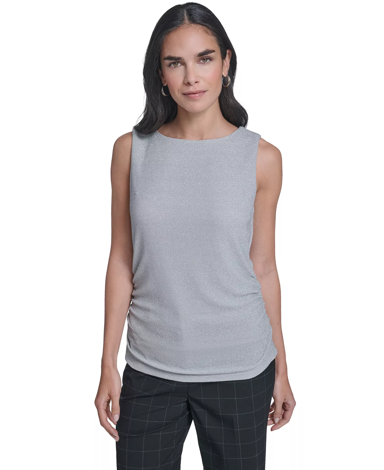 Women's Novelty Boat Neck Ruched Top - Silver gray - L
