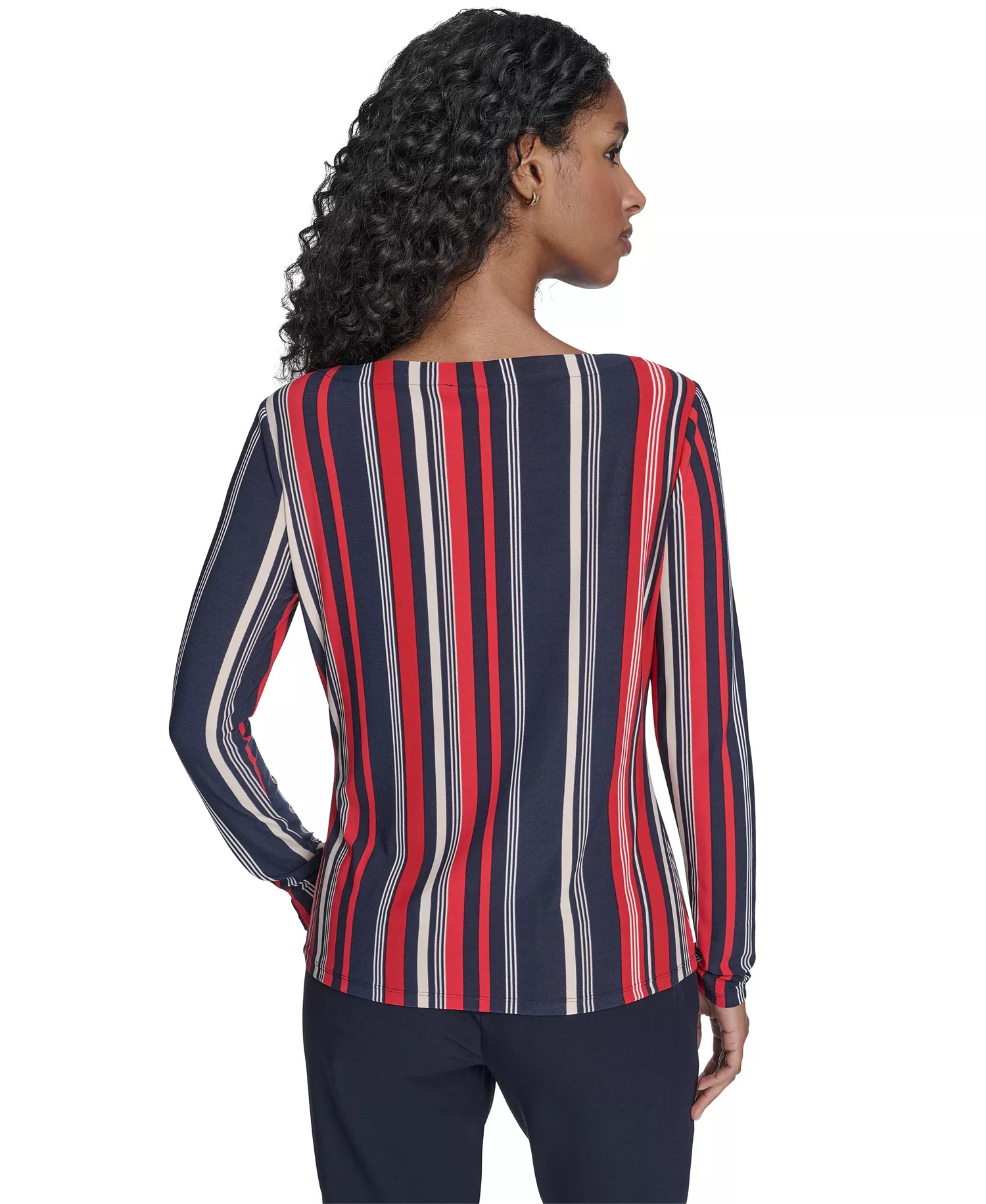 Women's Striped Long Sleeve Boat Neck Top - Midnight/ Scarlet - L
