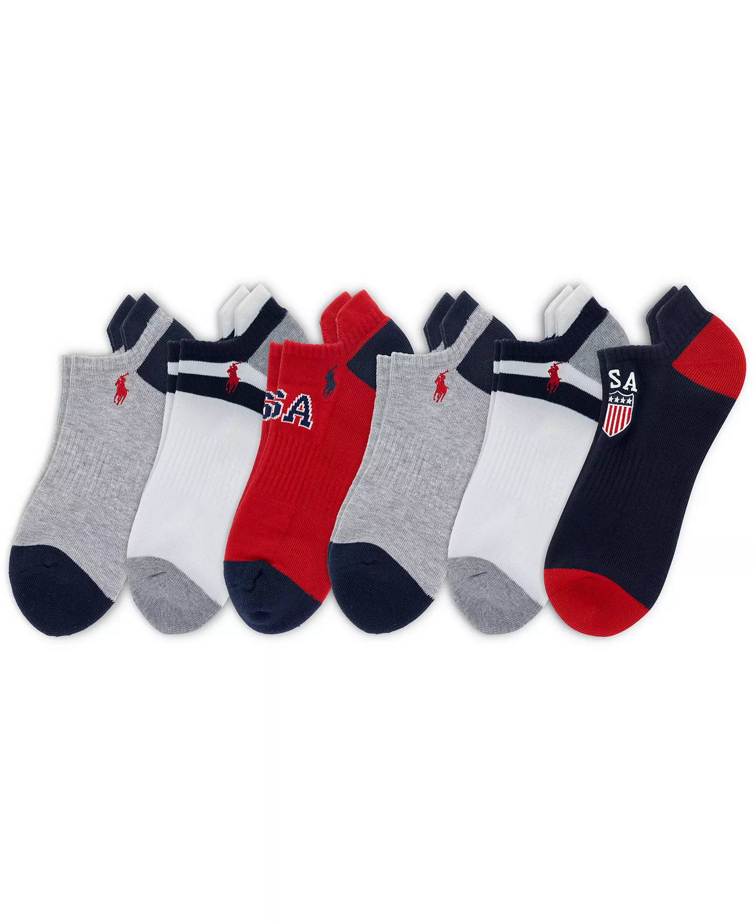 Men's USA Logo Low-Cut Socks, 6-Pack - Gray/White/Red/Black - 10-13