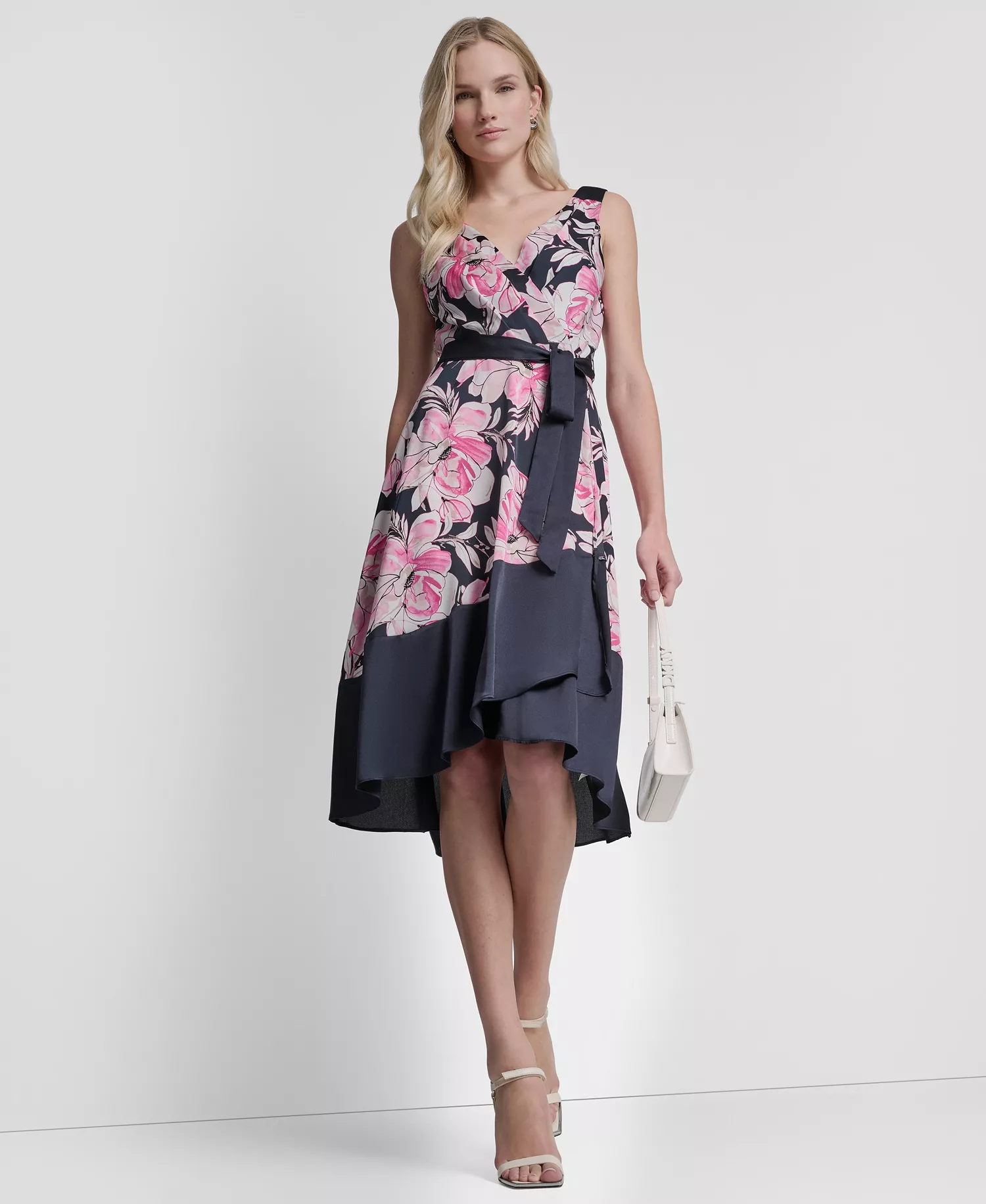 Women's Surplice Neck Asymmetrical Hem Dress - Spring Navy Multi - 10