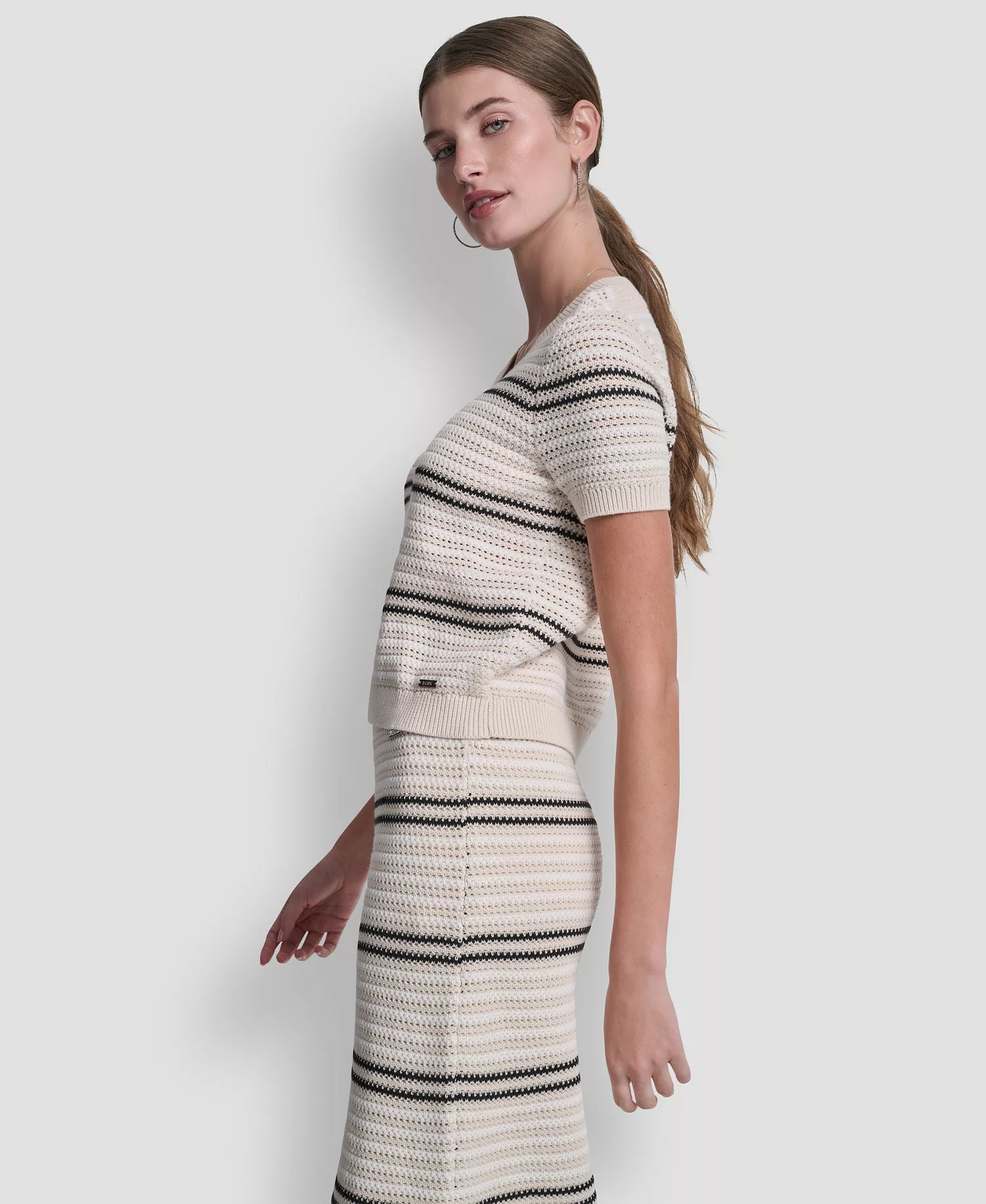 Women's Scoop Neck Striped Pointelle Sweater - Natural/ivory/black - L