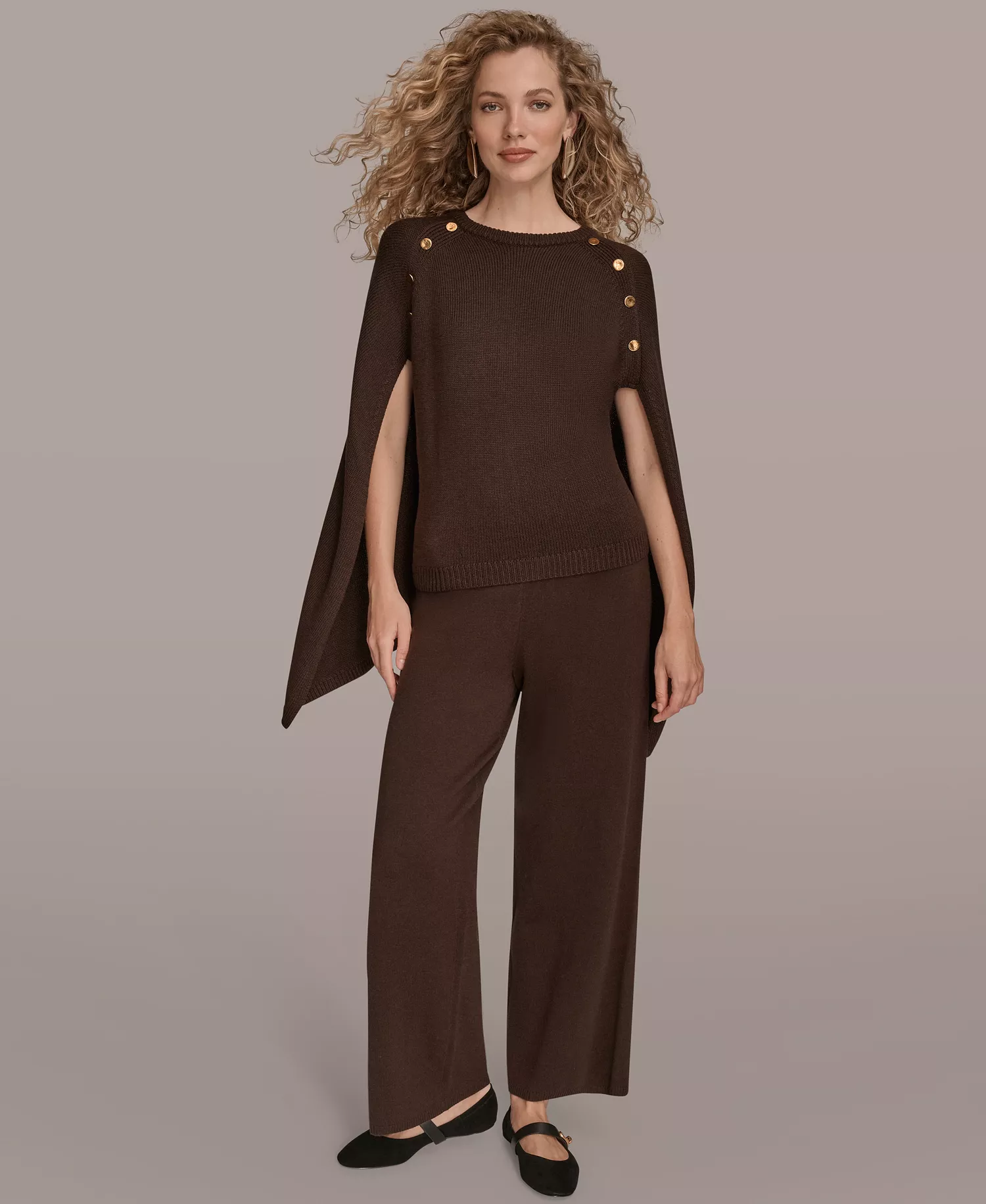 Women's Button Detail Poncho Sweater - Chocolate Plum - XL