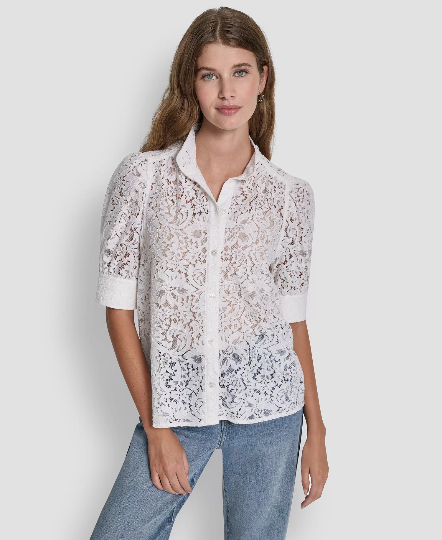 Women's Lace Puff Sleeve Stand Collar Shirt - Ivory - L
