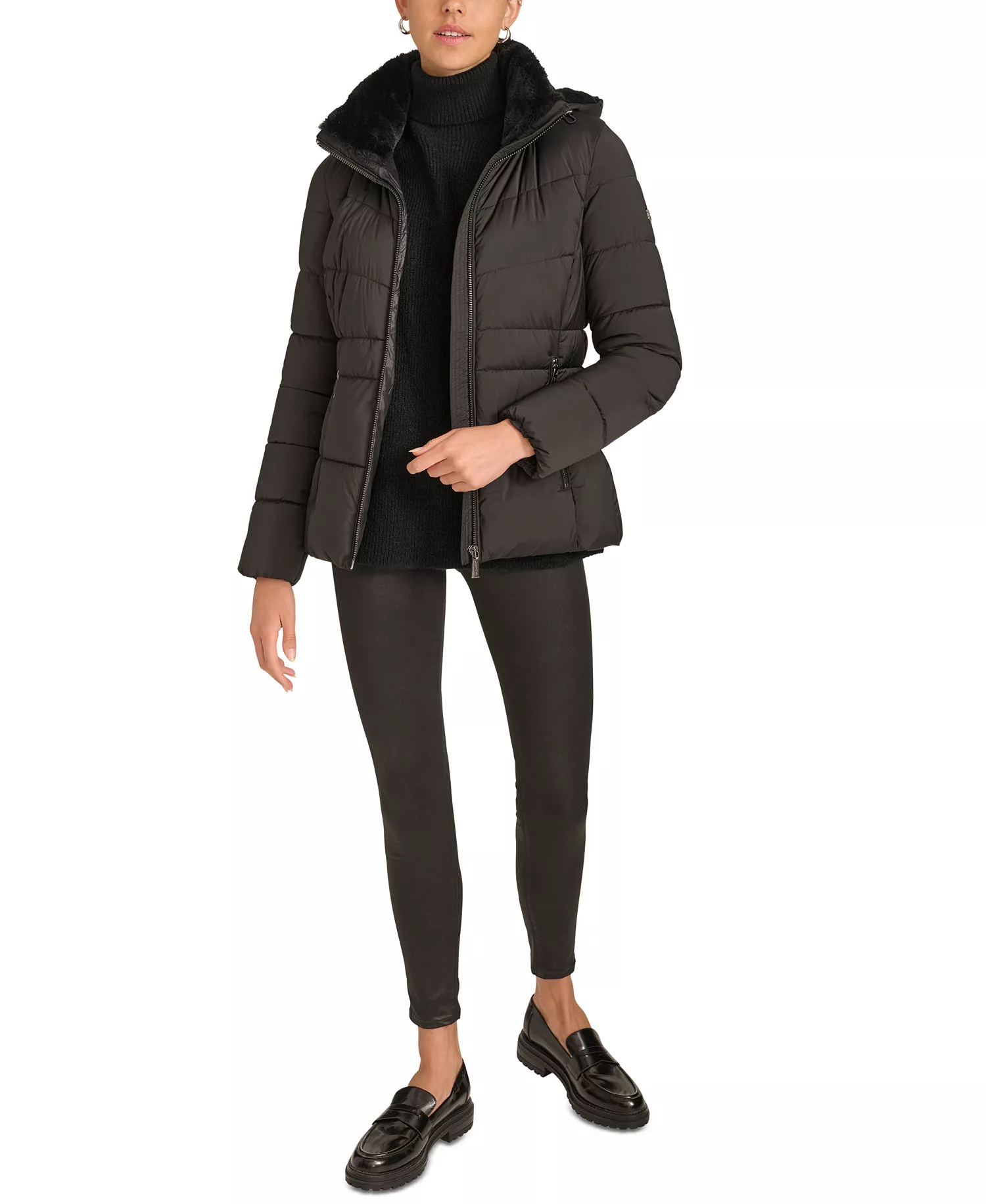 Women's Faux-Fur-Lined Hooded Puffer Coat - Black - L
