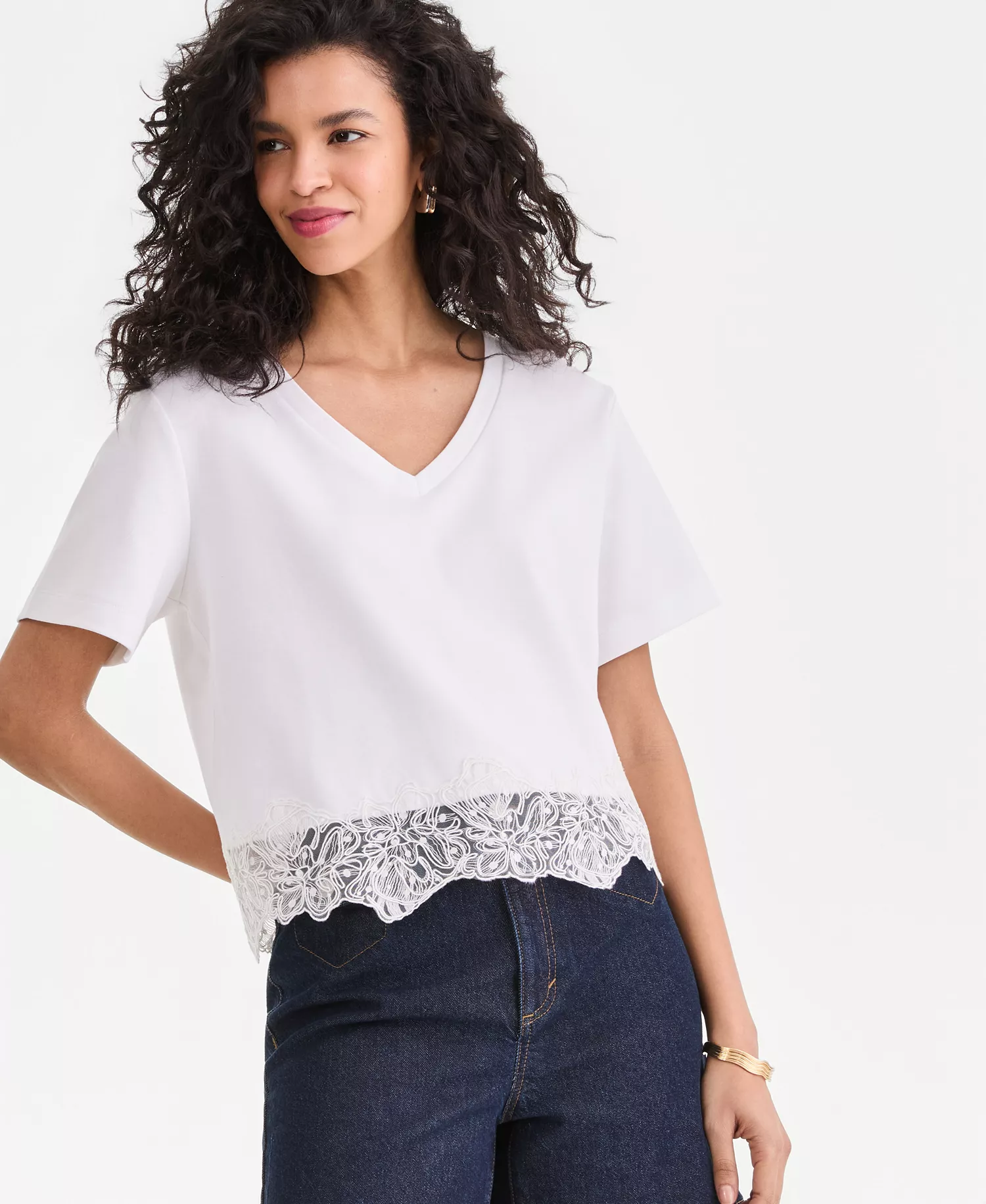 Women's Lace-Trim Short Sleeve T-Shirt, Macy's Exclusive - Bright White - L