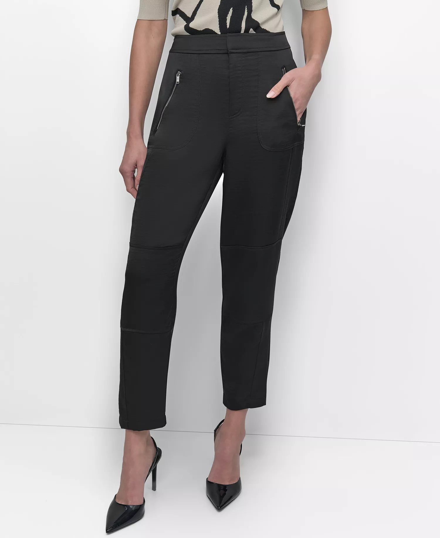 Women's Elastic Waist-Back Zipper Trousers - Black - L
