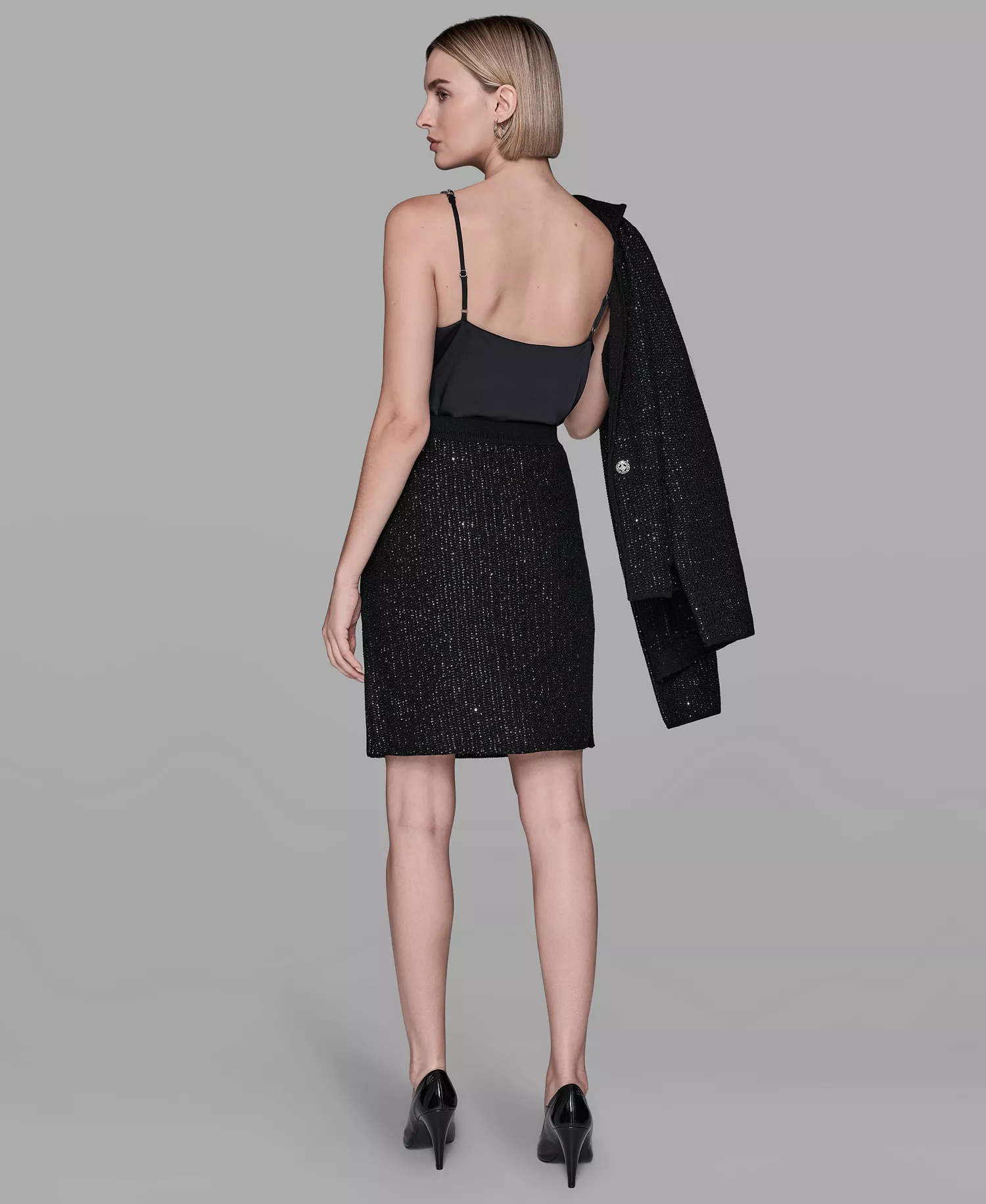 Women's Sequined Knit Short Skirt - Black - M