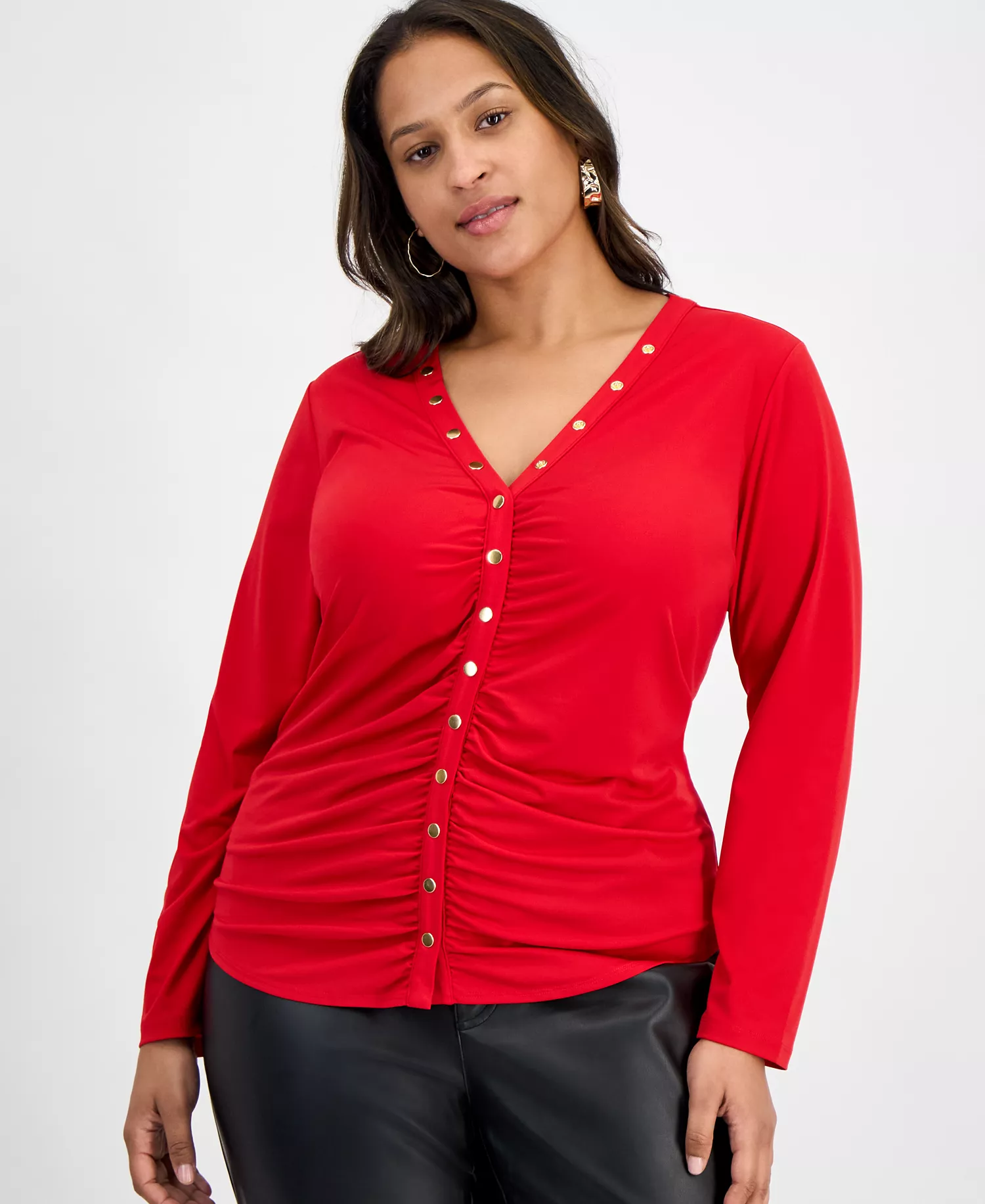 Plus Size V-Neck Long-Sleeve Blouse, Macy's Exclusive  - Real Red - 0X