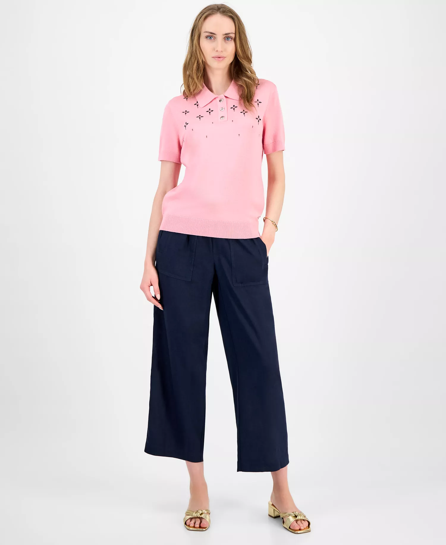 Women's Embellished Polo Sweater - English Rose - XS