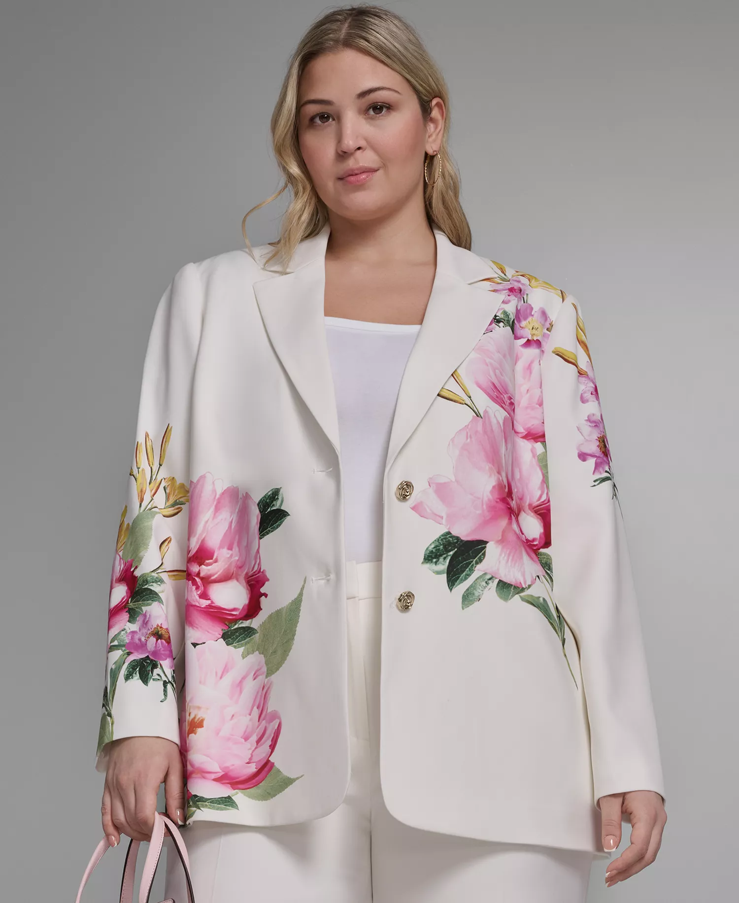 Plus Size Floral Printed Long-Sleeve Blazer - Soft White - 14W