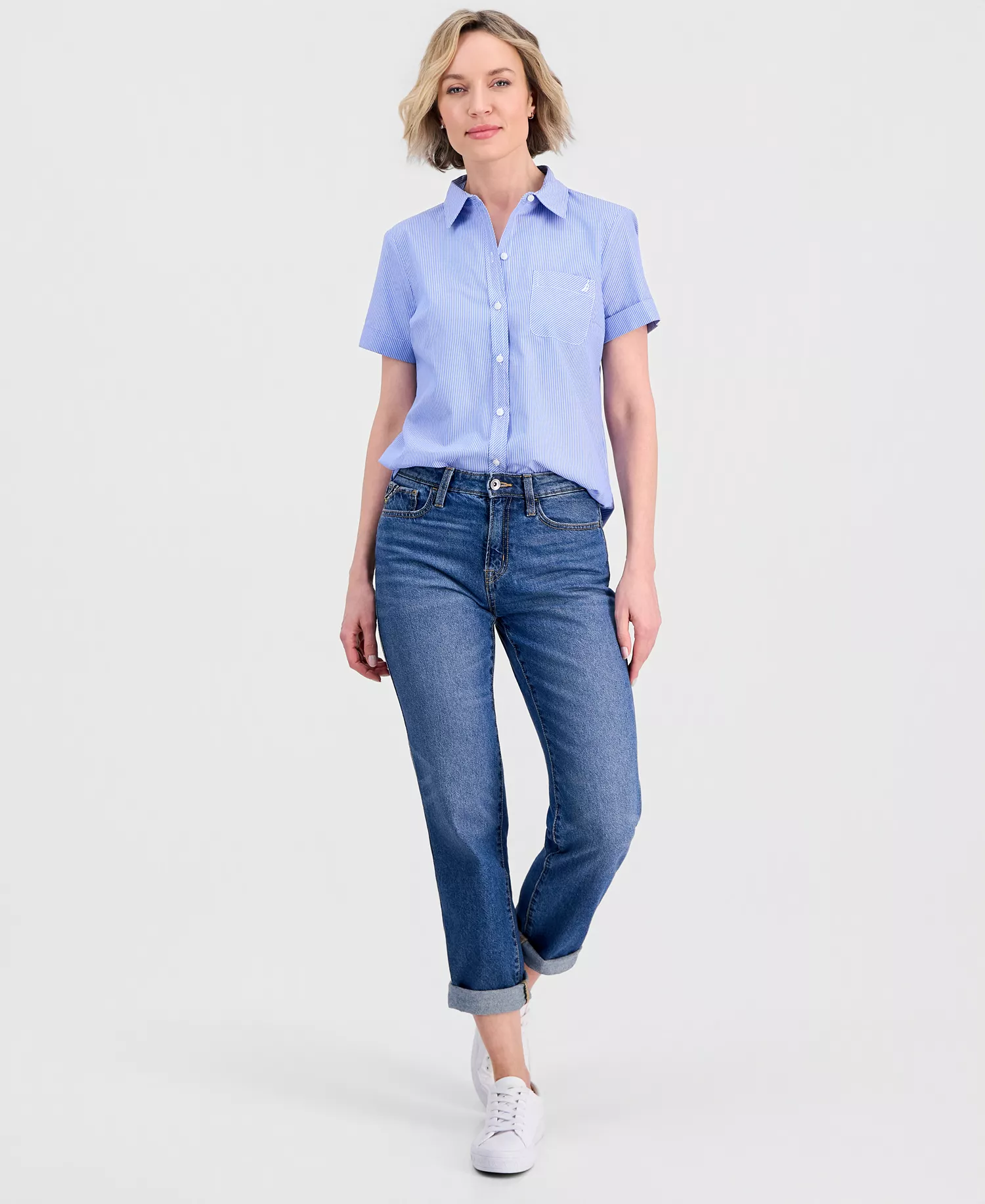 Jeans Women's Newport Stripe Cotton Camp Shirt - Blue/ White - L