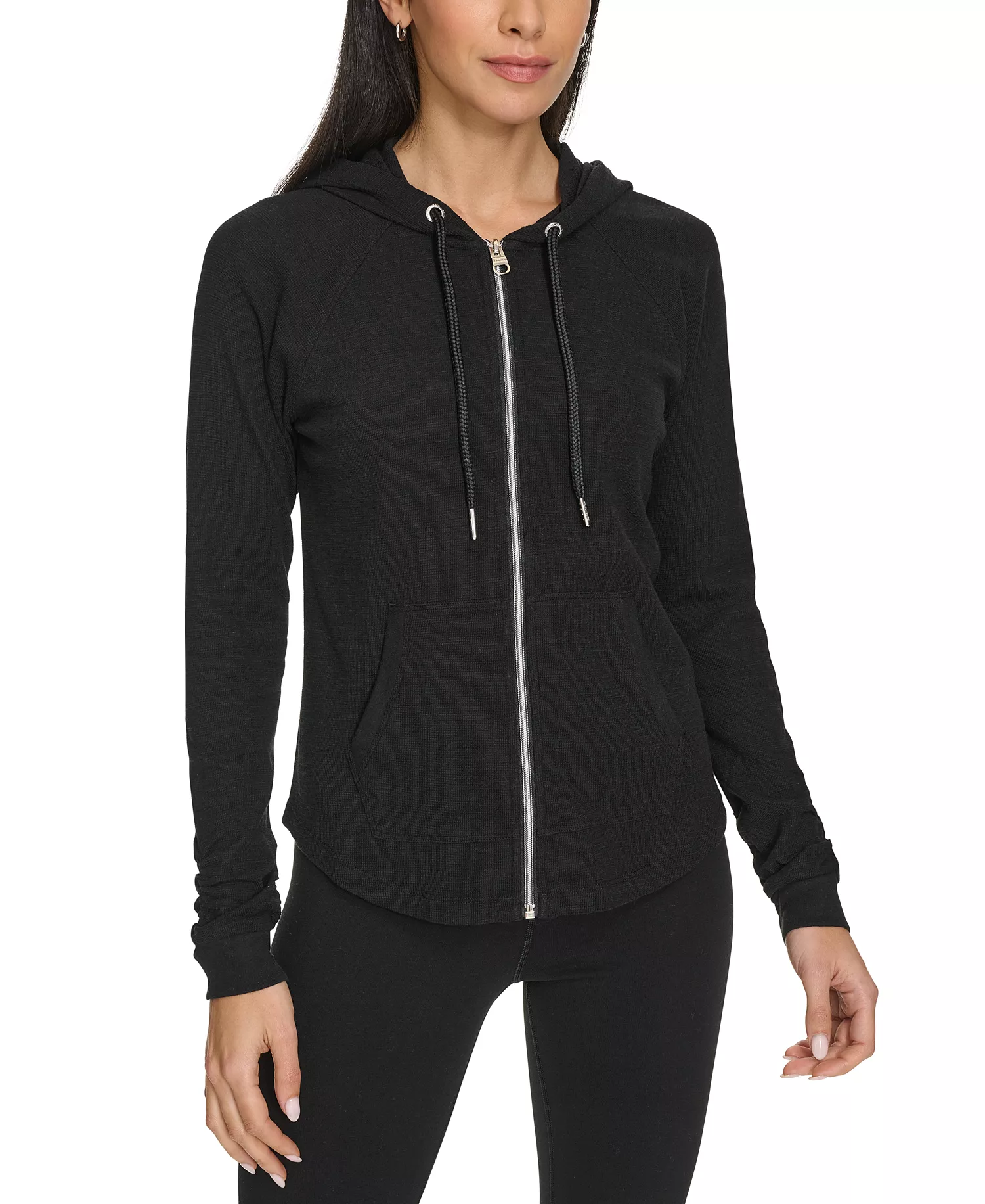Ruched-Sleeve Zip Hoodie - Black - XS
