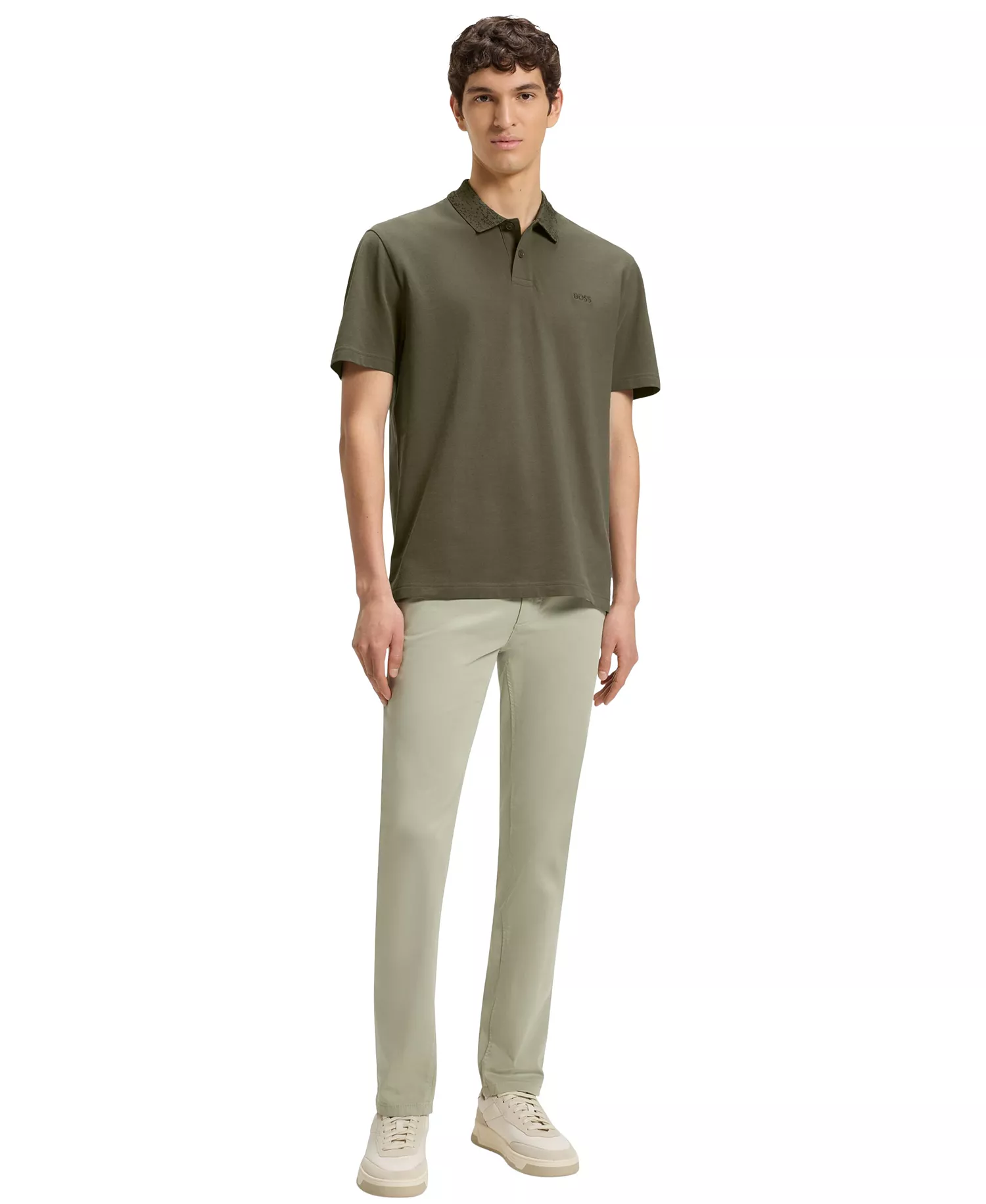 Men's Patterned Collar Cotton-Pique Polo Shirt - Open Green - S