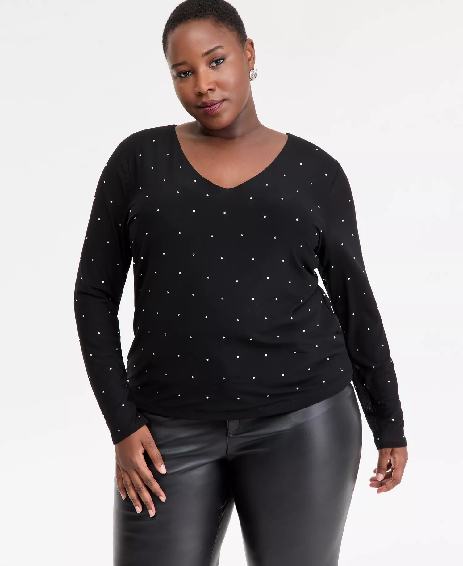 Plus Size Embellished V-Neck Top, Macy's Exclusive  - Deep Black - 2X