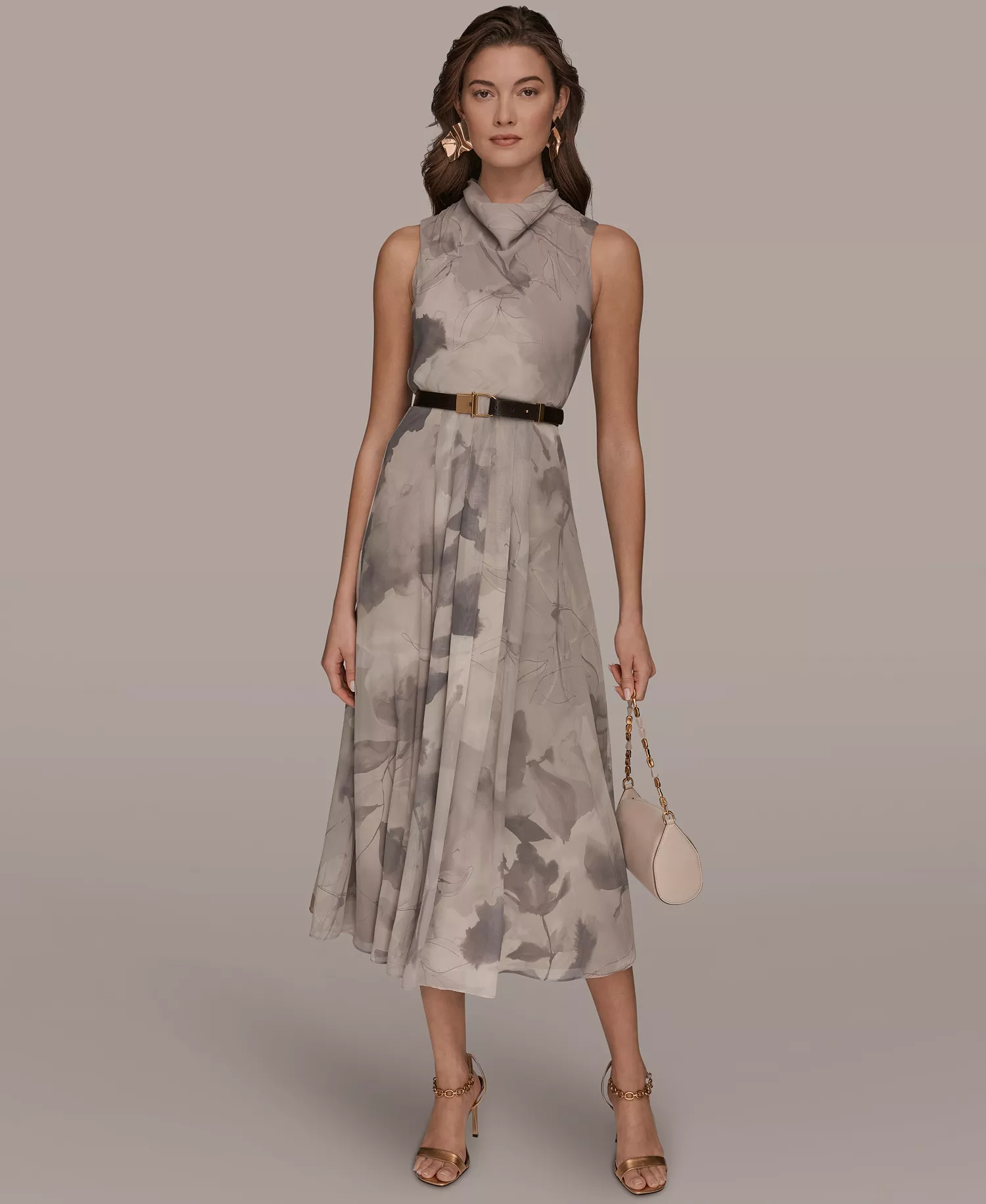 Women's Sleeveless Cowl Neck Floral Print Belted A-Line Midi Dress - Driftwood Multi - 10