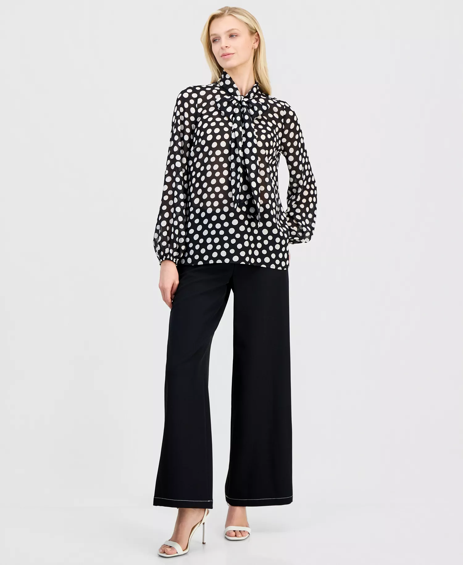 Women's Printed Long-Sleeve Bow Blouse - Black White - L
