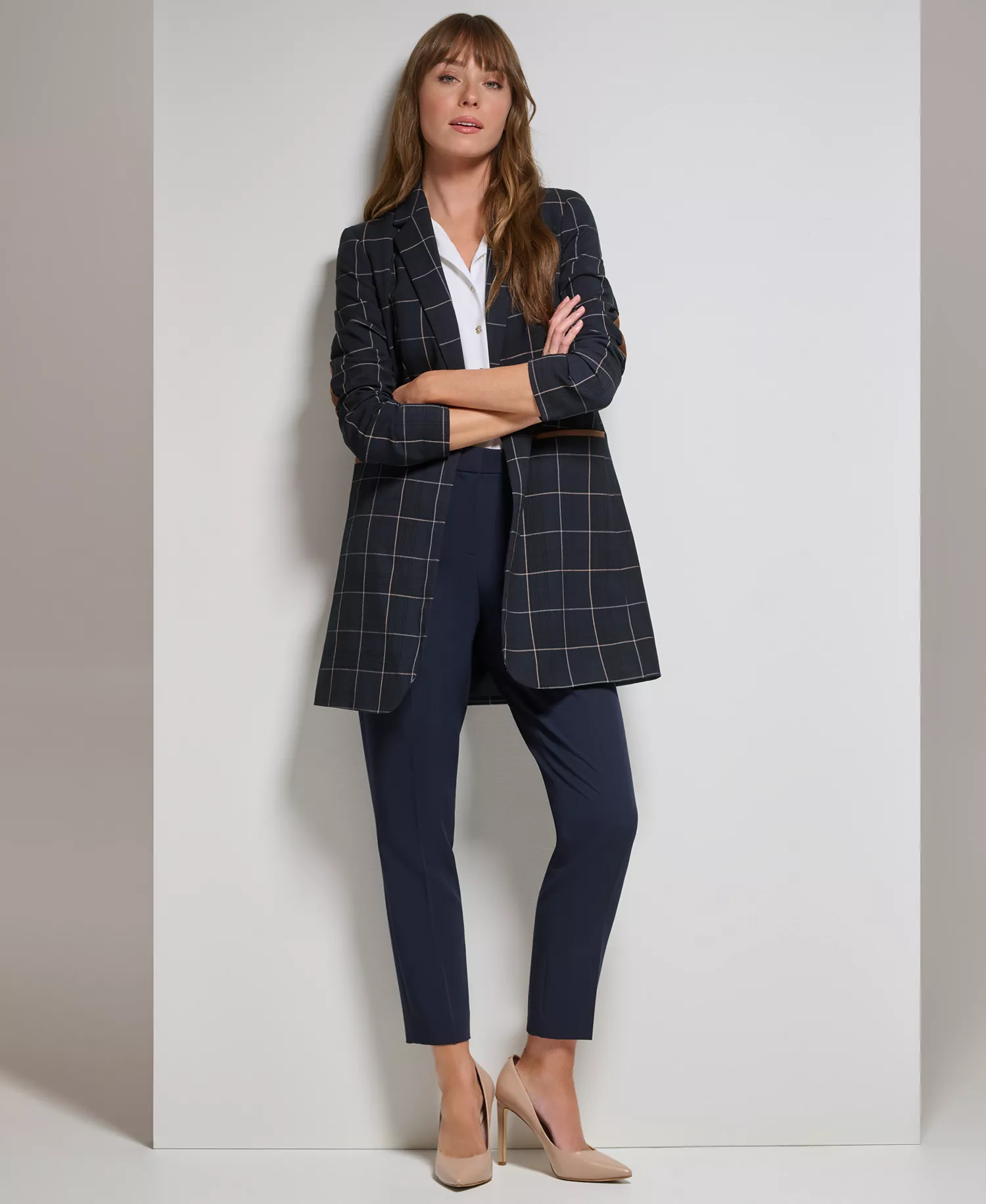 Women's Windowpane One-Button Blazer - Midnt/grey - 0