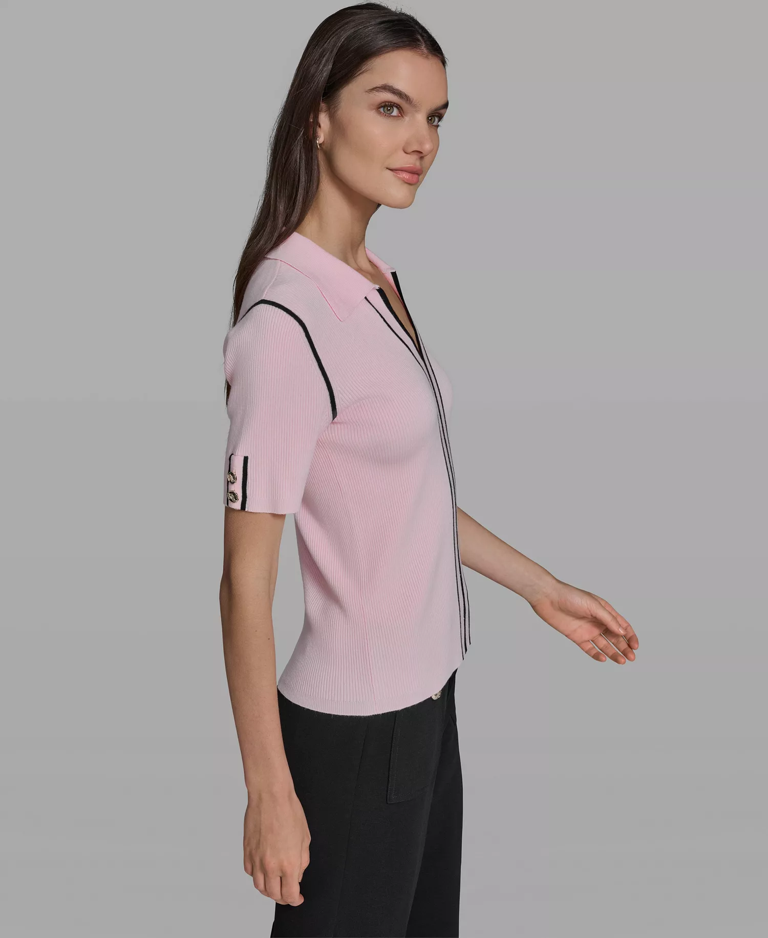 Women's Short-Sleeve Johnny Collar Sweater - Ballet Slipper/black - L