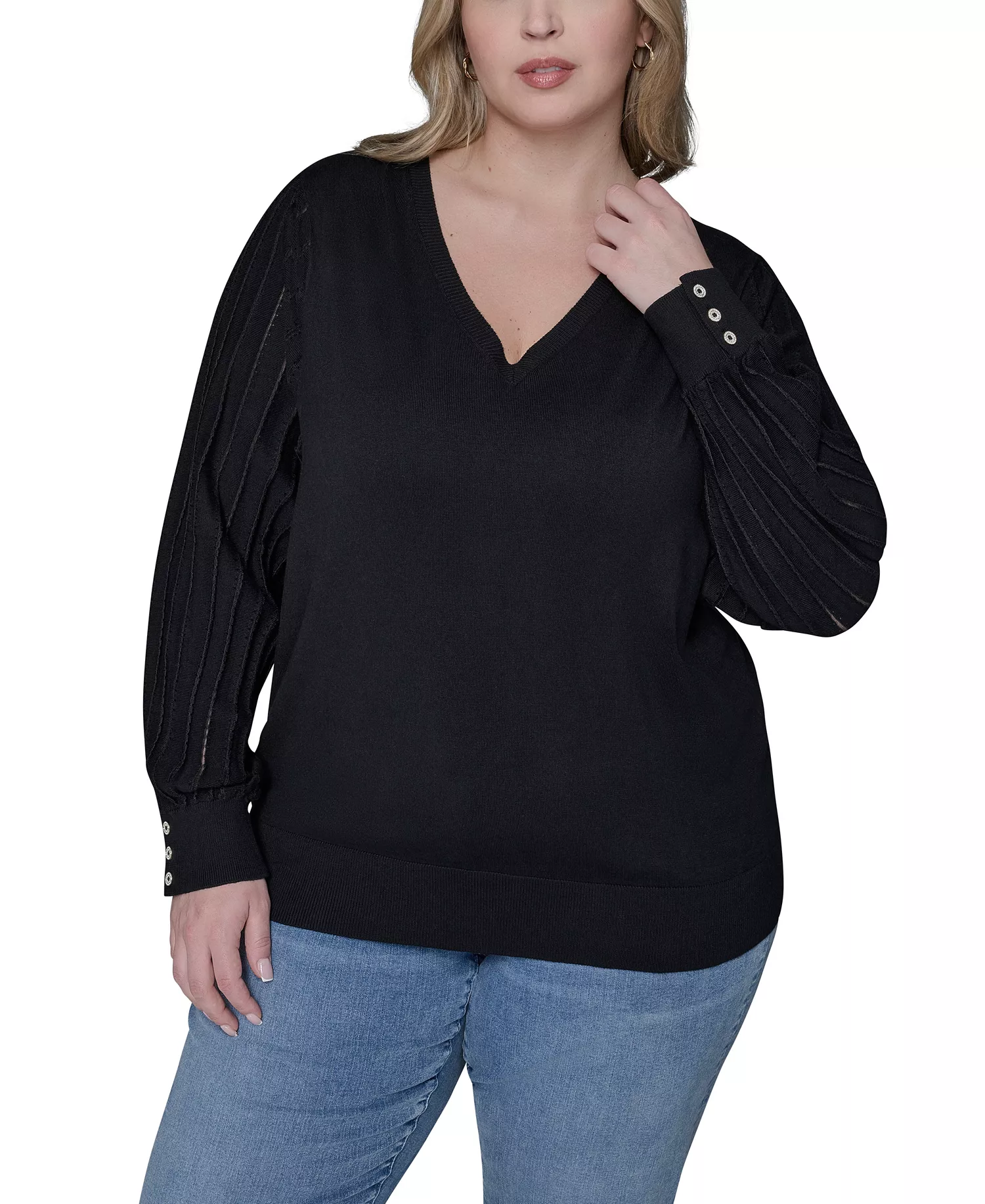 Women's Plus Size V-Neck Long-Sleeve Sweater - Black - 0X